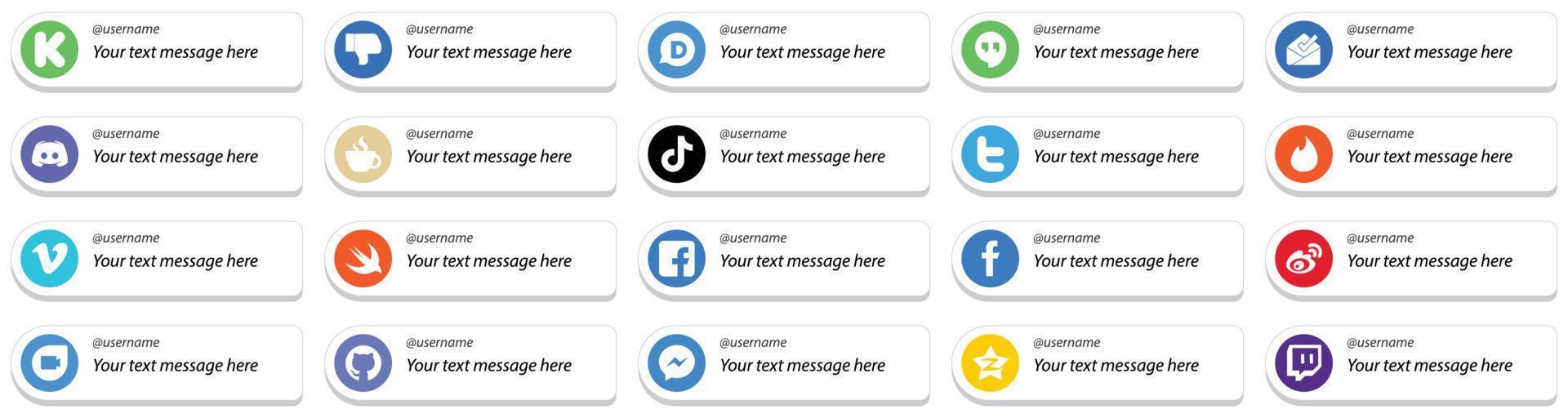 Follow me Social Network Platform Card Style icons with Custom Message Option 20 pack such as china. douyin. message. tiktok and streaming icons. High resolution and fully customizable vector