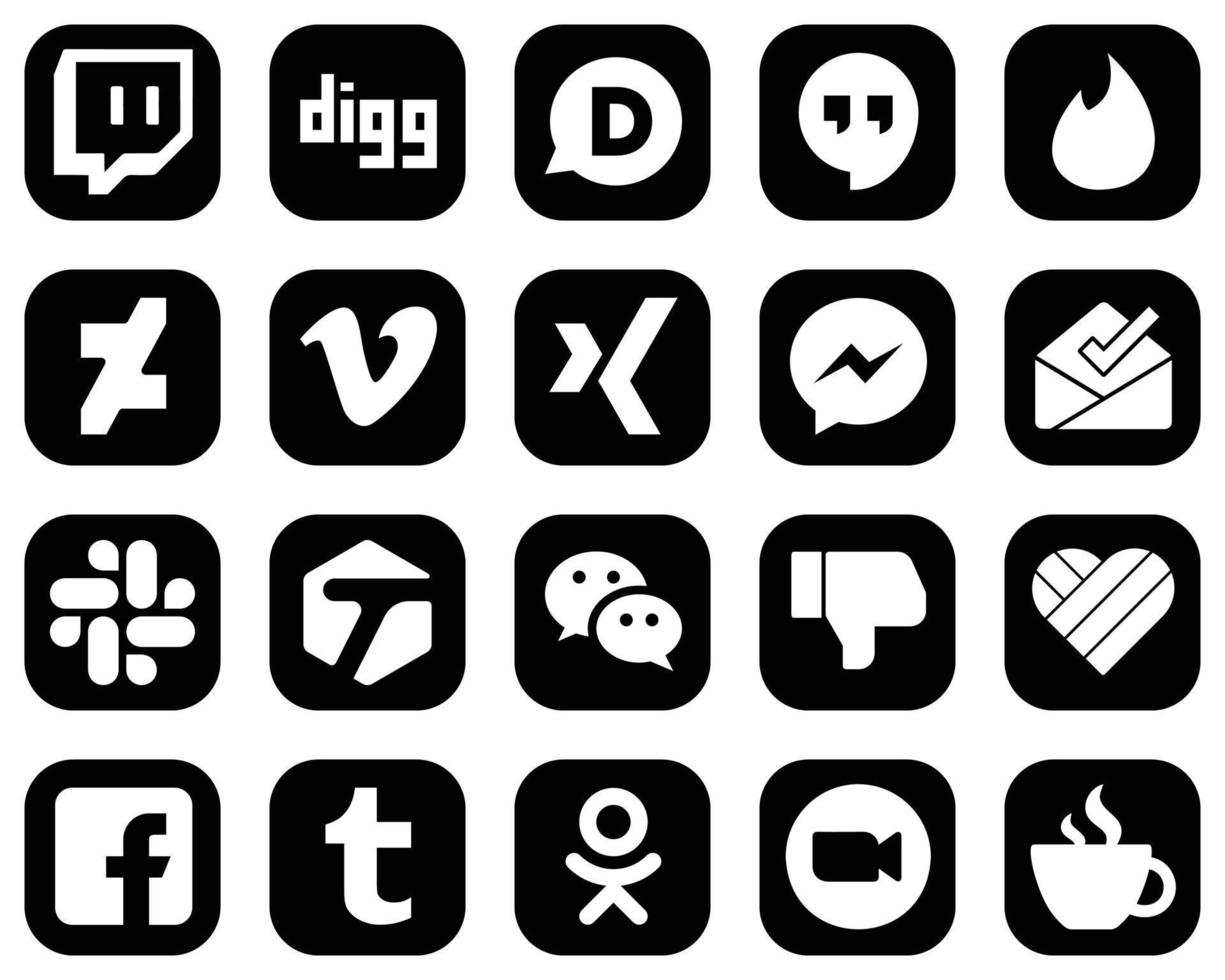 20 Creative White Social Media Icons on Black Background such as dislike. wechat. xing. tagged and inbox icons. Minimalist and customizable vector