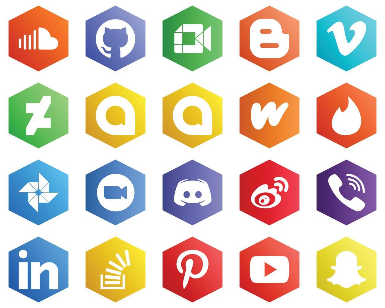 25 Simple White Icons such as zoom. tinder. blog. literature and google allo icons. Hexagon Flat Color Backgrounds vector