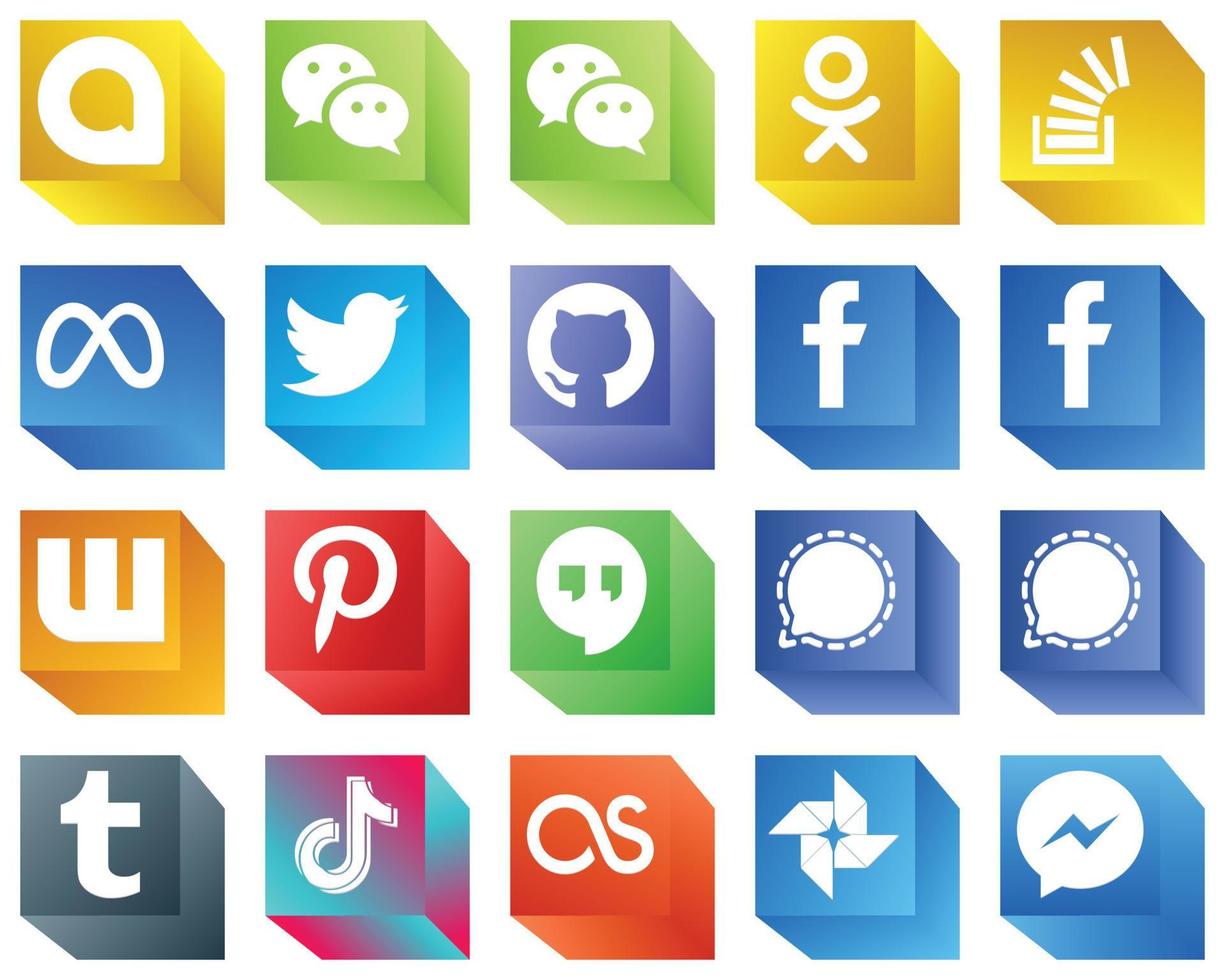 3D Social Media Icons for Marketing Materials 20 Icons Pack such as pinterest. meta. fb and github icons. Professional and clean vector