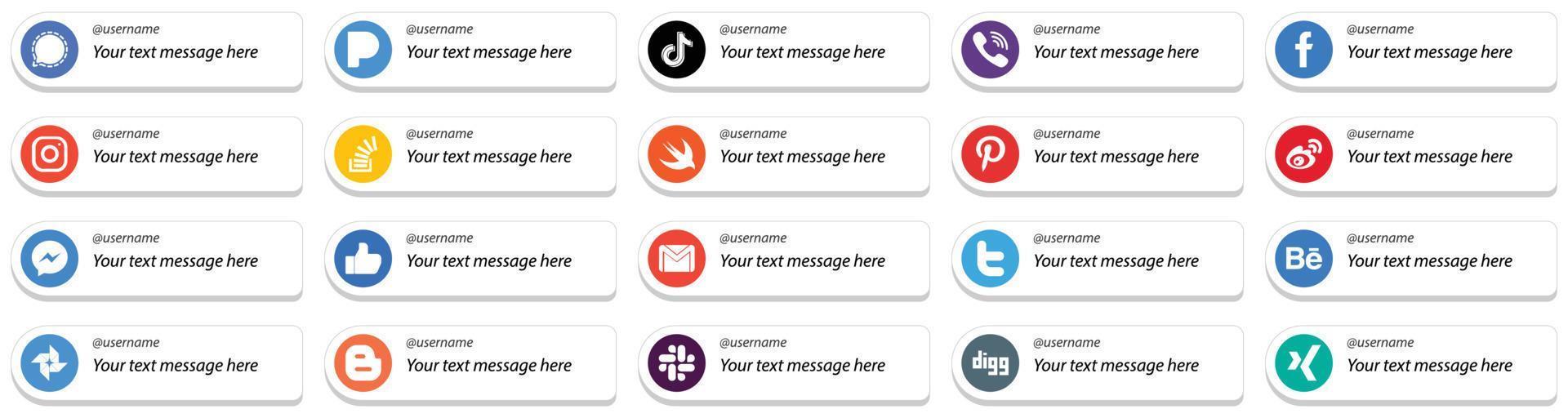 20 estilo de tarjeta de plataforma de redes sociales sígueme íconos con mensajes personalizables como íconos de instagram y facebook. totalmente personalizable y profesional vector