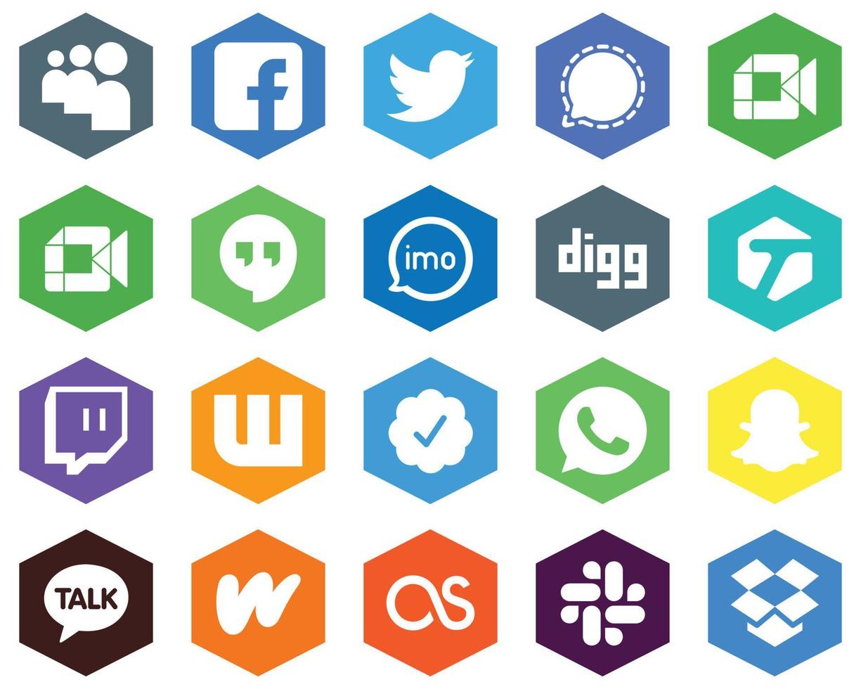 Hexagon Flat Color White Icon Set digg. video. audio and google hangouts 20 Unique Icons vector