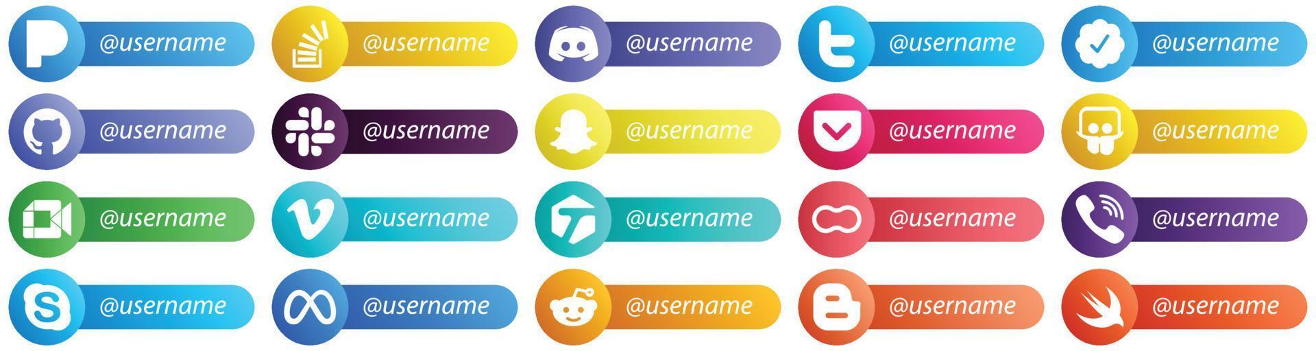 Card Style Social Media Platform Follow Me Icons 20 pack such as google meet. pocket. snapchat and github icons. High quality and minimalist vector