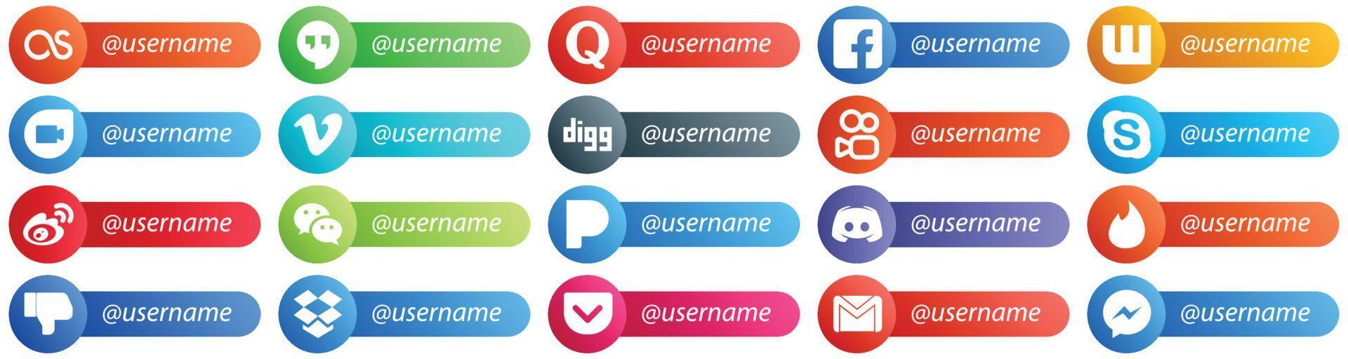 Follow me Social Network Platform Icons with Place for Username 20 pack such as china. weibo. google duo. chat and kuaishou icons. Clean and professional vector