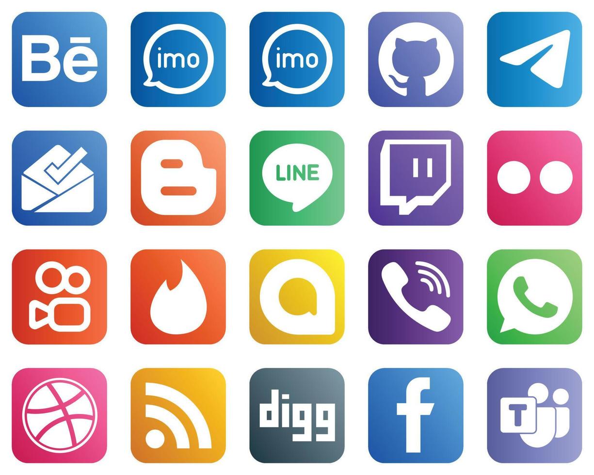 20 elegantes íconos de redes sociales como Tinder. Yahoo. iconos de línea y flickr. limpio y minimalista vector