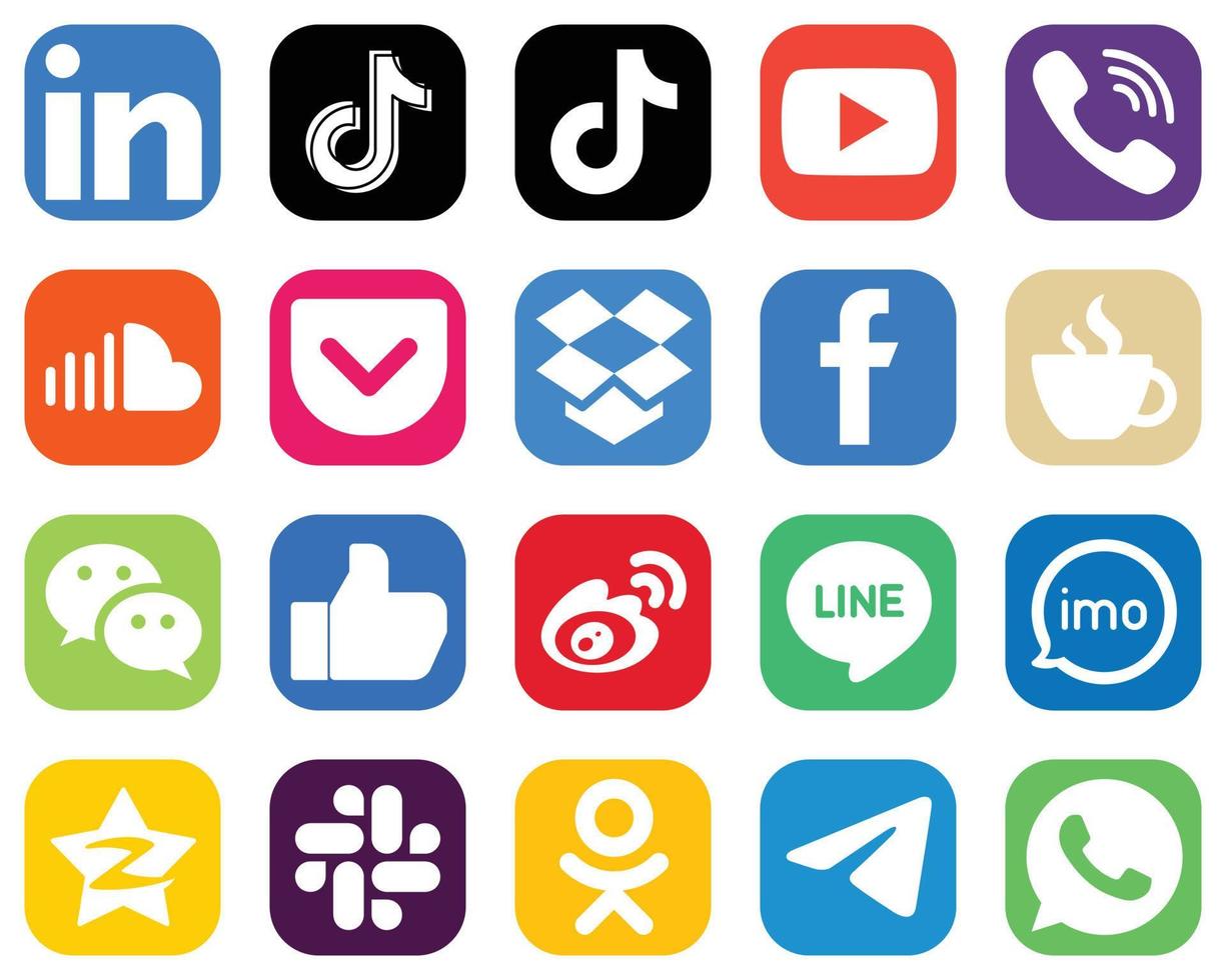 20 íconos de redes sociales para todas sus necesidades, como Facebook. bolsillo. video. iconos de música y soundcloud. elegante conjunto de iconos degradados vector