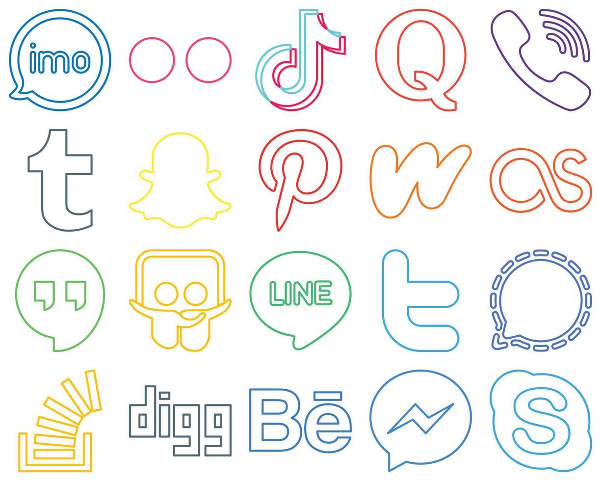 20 High-quality and modern Colourful Outline Social Media Icons such as snapchat. video. rakuten and question Eye-catching and high-resolution vector