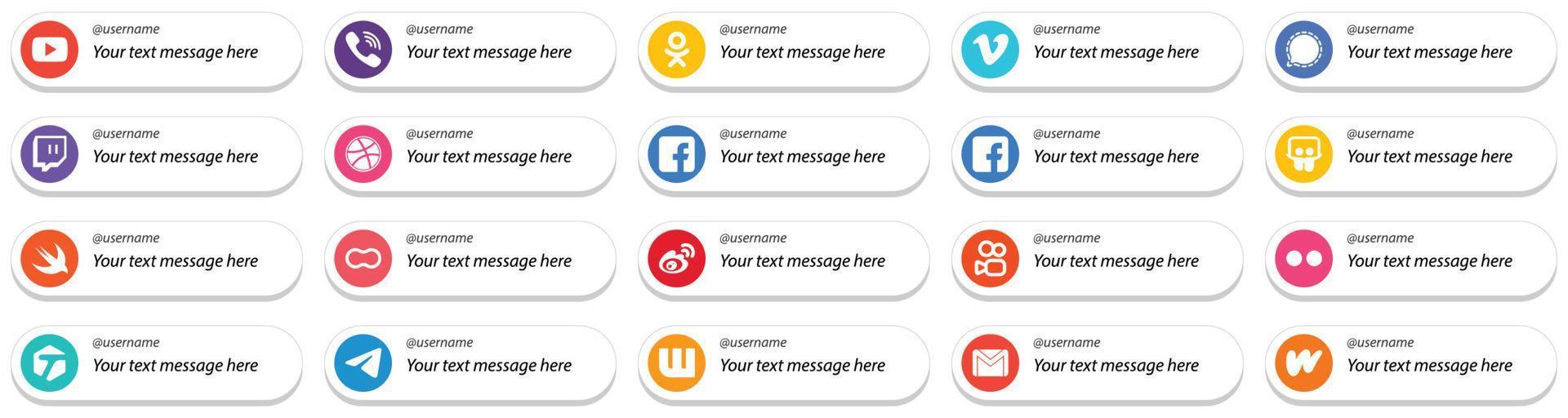 20 Follow Me Icons with Custom Message Option for Popular Social Media Platforms such as swift. signal. fb and dribbble icons. Creative and eye catching vector