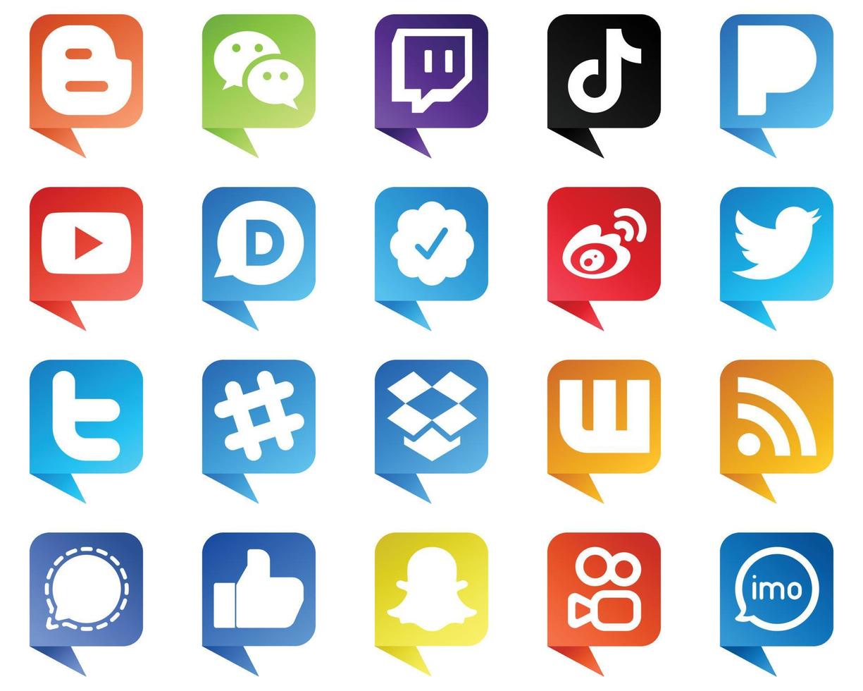 20 Stylish Chat bubble style Social Media Icons such as china. weibo. china. twitter verified badge and video icons. Elegant and unique vector