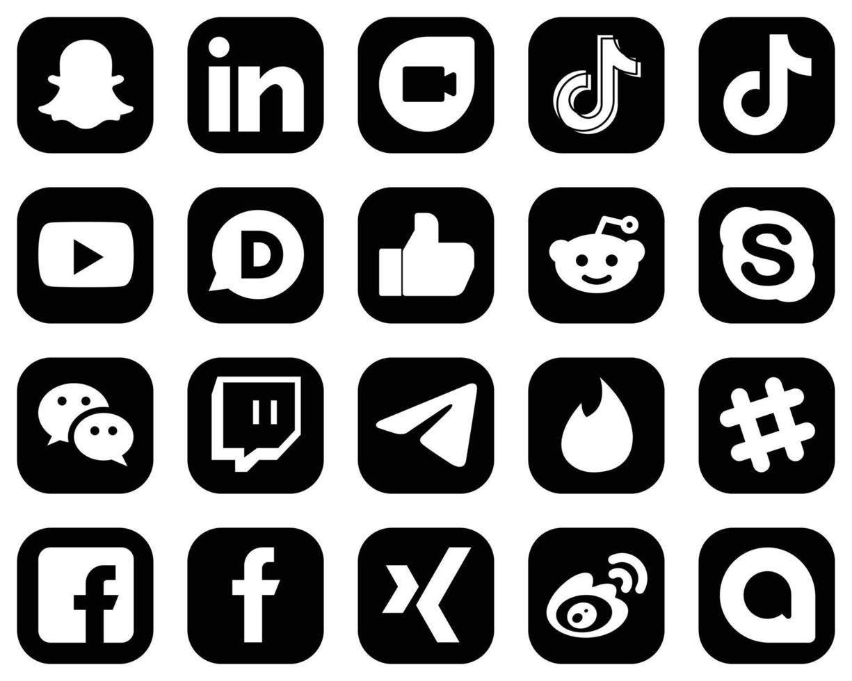 20 Elegant White Social Media Icons on Black Background such as wechat. skype. reddit and like icons. Eye-catching and editable vector