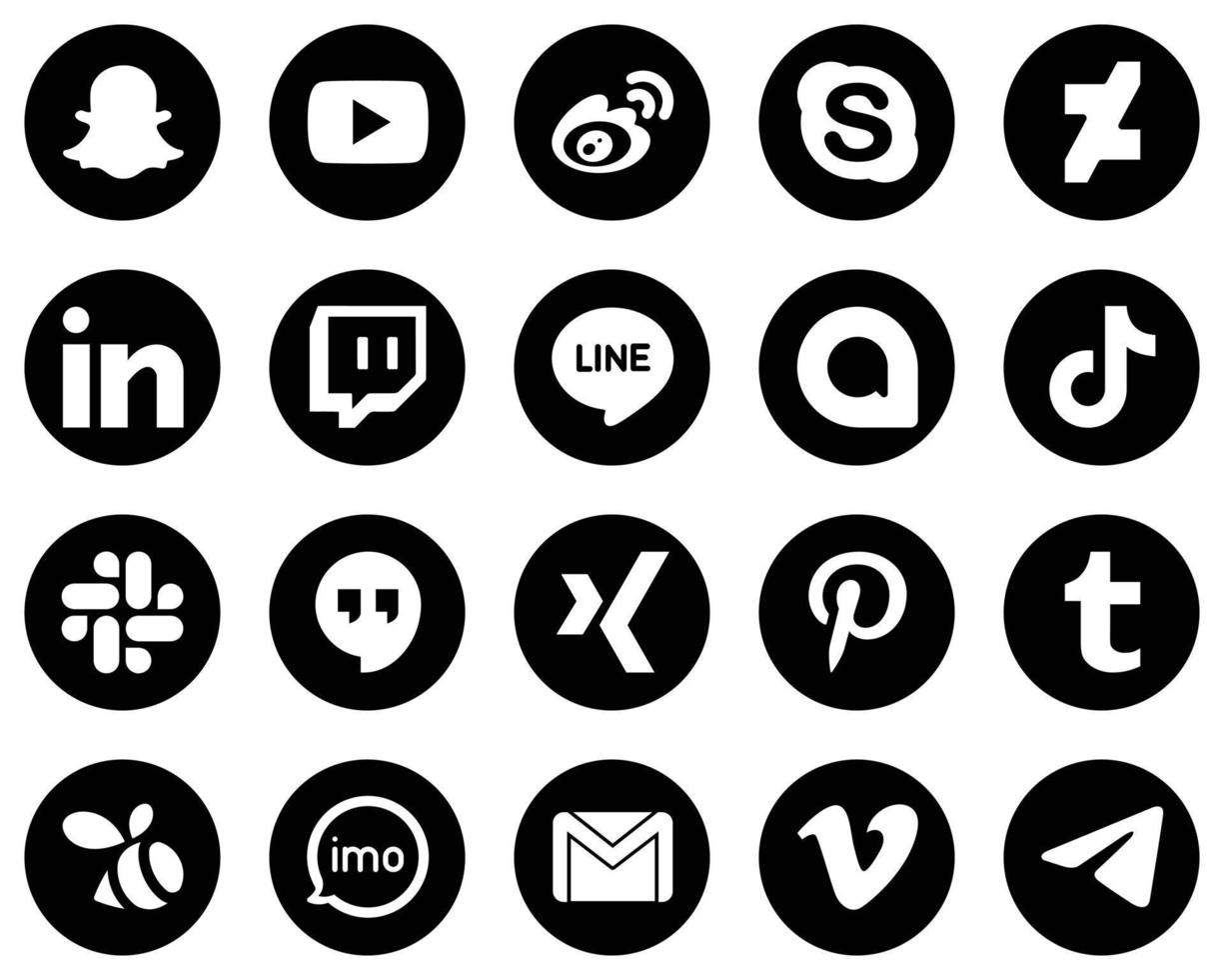 20 Customizable White Social Media Icons on Black Background such as video. tiktok. chat. google allo and twitch icons. Fully customizable and high-quality vector