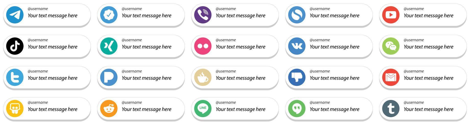 Card Style Social Media Platform Follow Me Icons with Custom Message Option 20 pack such as yahoo. xing. youtube and video icons. Fully editable and unique vector