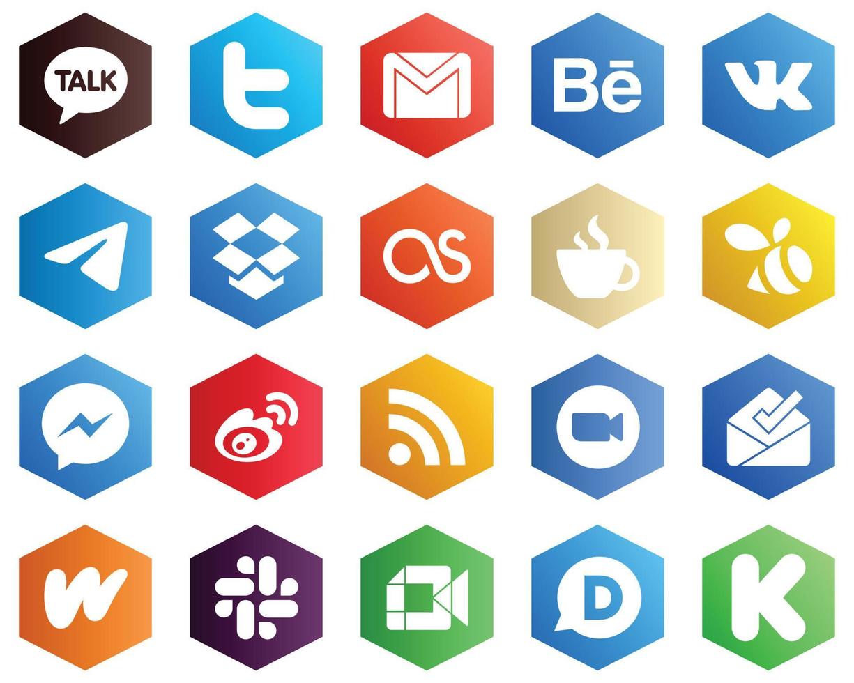 25 Editable White Icons such as messenger. telegram. streaming and lastfm icons. Hexagon Flat Color Backgrounds vector