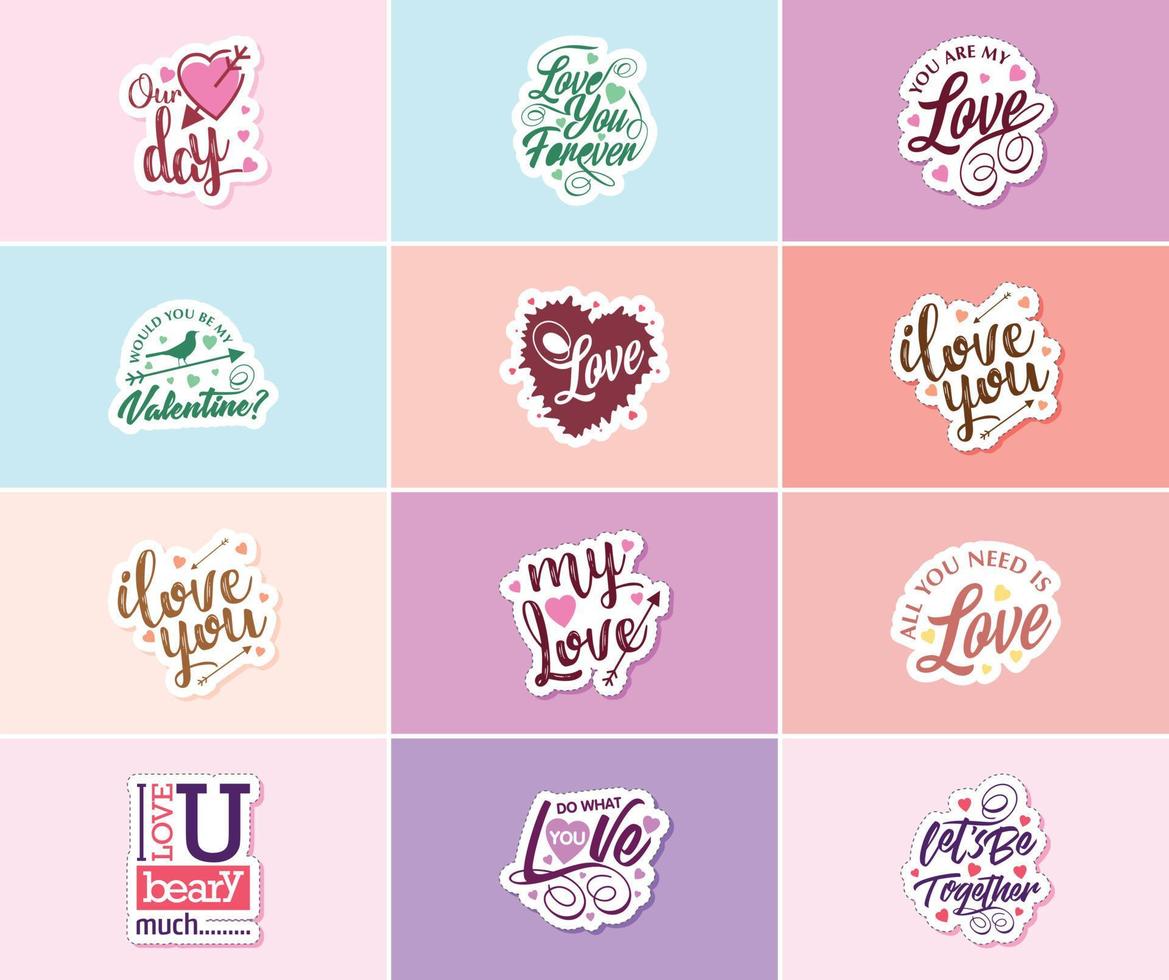 exprese su amor con la tipografía y las pegatinas gráficas del día de san valentín vector