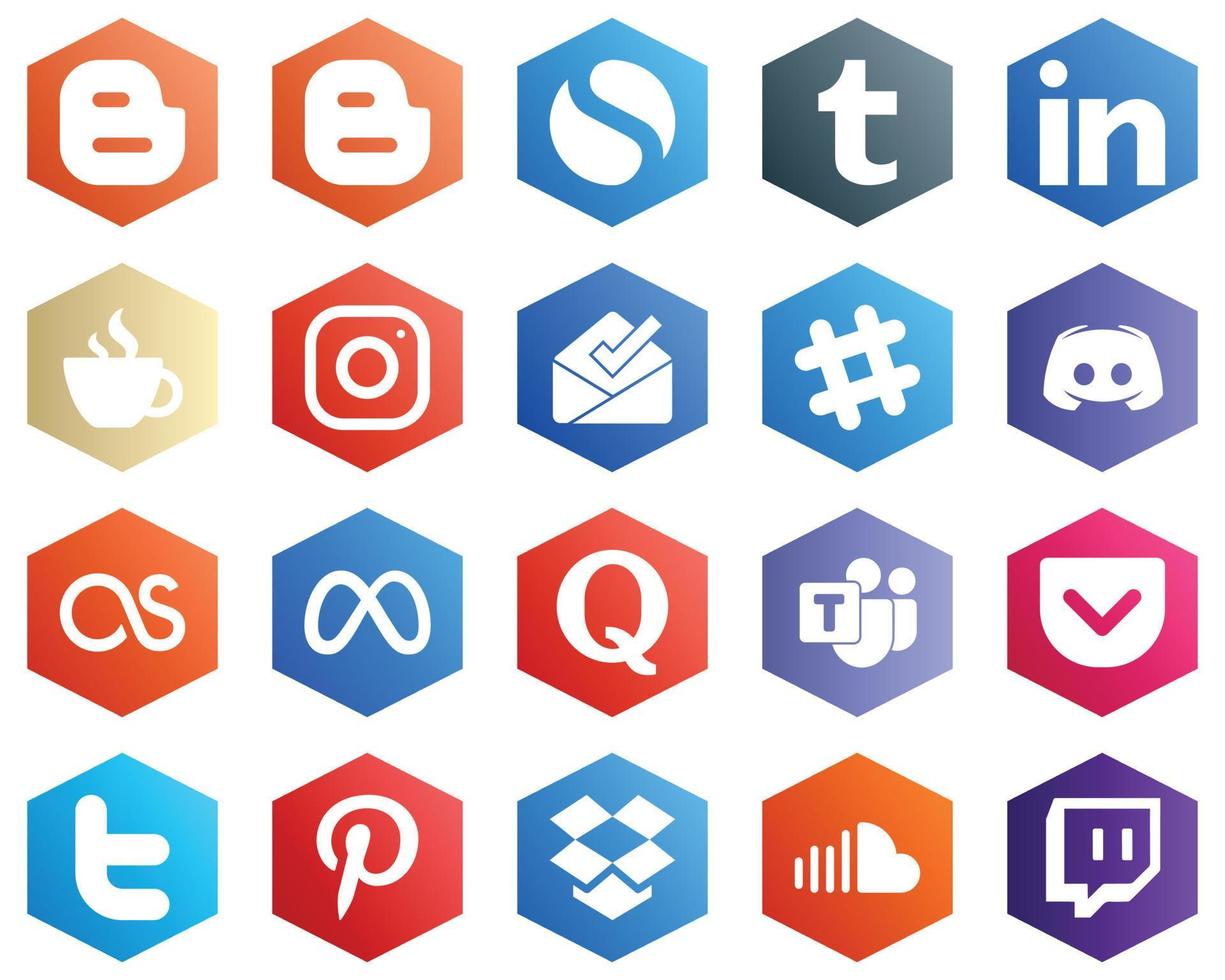 25 Simple White Icons such as message. discord and inbox icons. Hexagon Flat Color Backgrounds vector