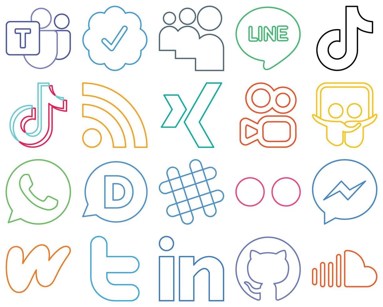 20 Vibrant Colourful Outline Social Media Icons such as spotify. whatsapp. china. slideshare and xing Customizable and high-resolution vector