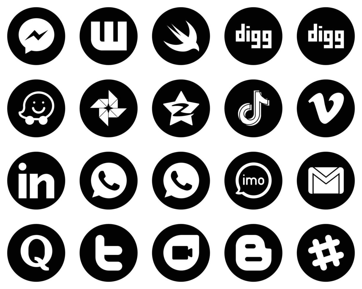 20 Unique White Social Media Icons on Black Background such as video. qzone. china and douyin icons. Elegant and high-resolution vector