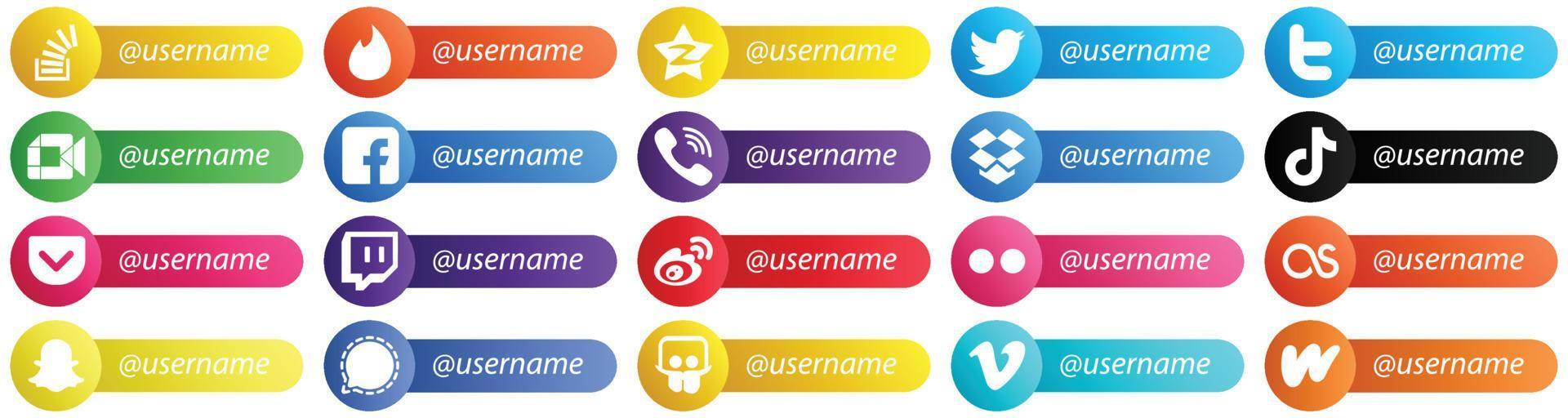 20 Elegant Follow me Social Network Platform Card Style Icons such as rakuten. twitter and fb icons. Creative and professional vector