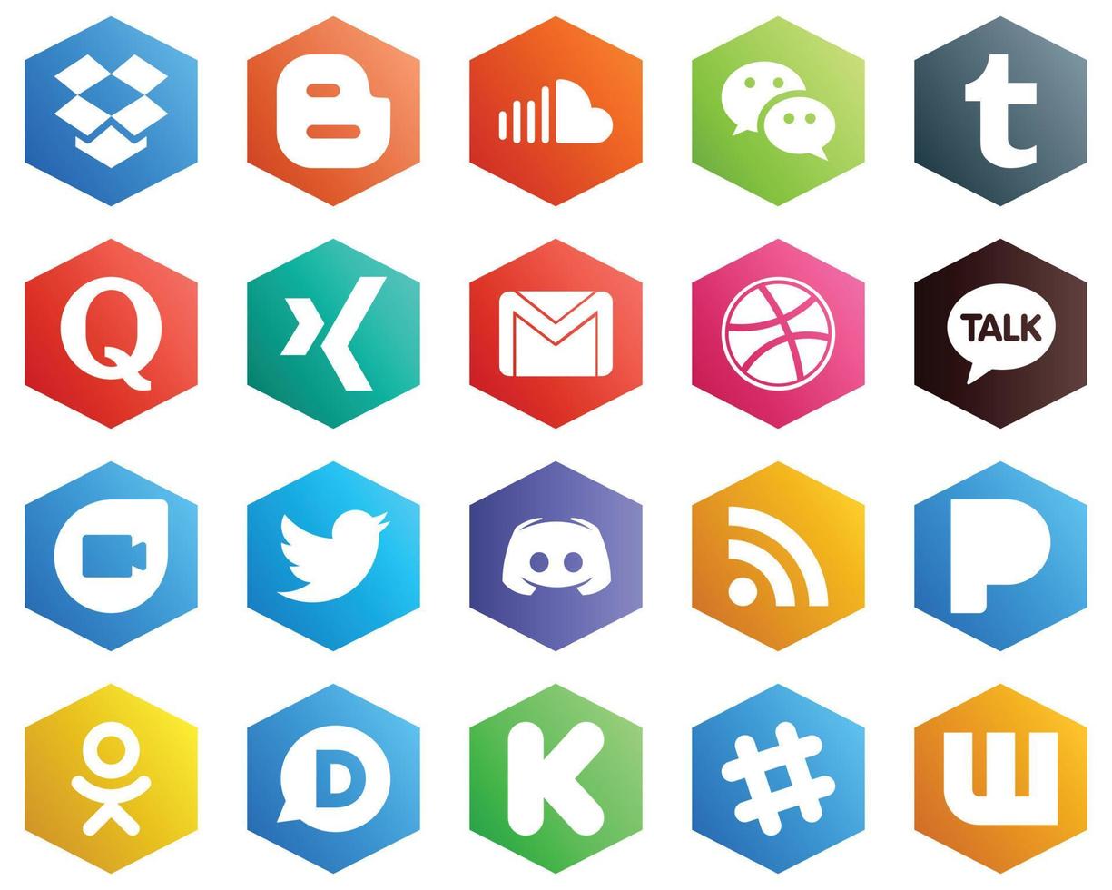 25 Clean White Icons such as google duo. dribbble. tumblr. mail and gmail icons. Hexagon Flat Color Backgrounds vector