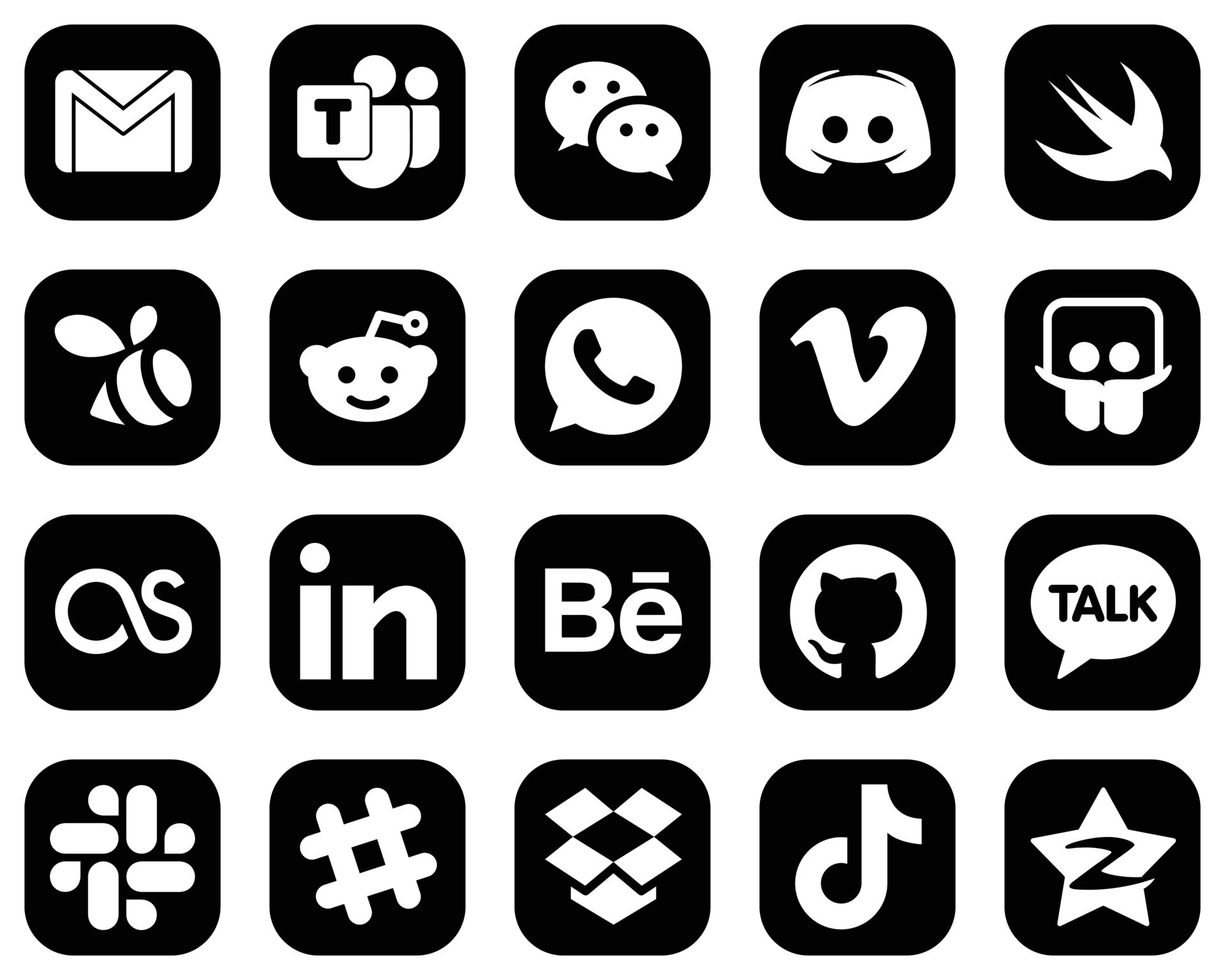 20 Innovative White Social Media Icons on Black Background such as slideshare. vimeo. message