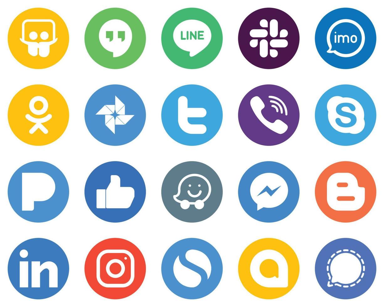 20 Innovative White Icons pandora. skype. odnoklassniki and viber Flat Circle Backgrounds vector