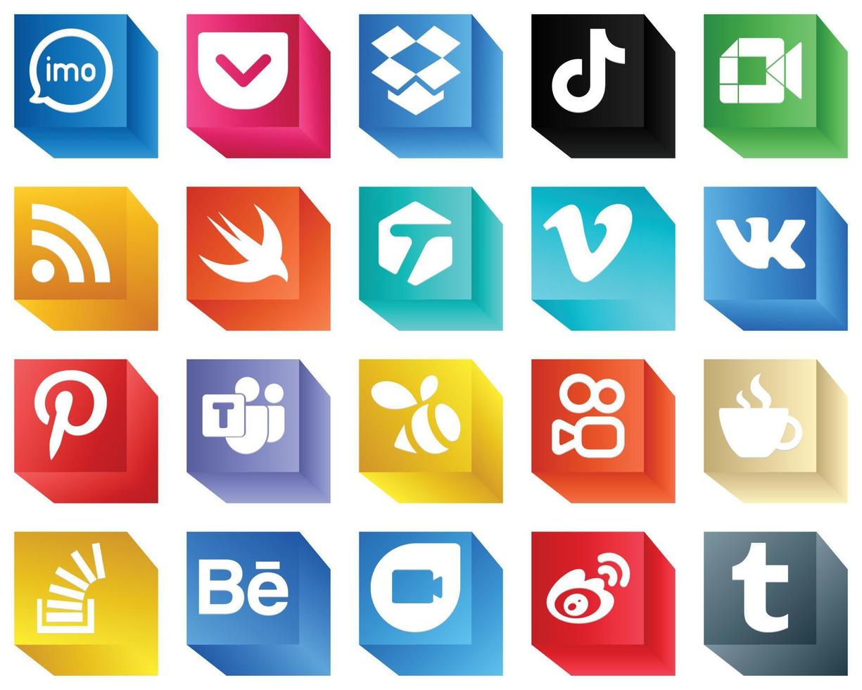 paquete de 20 iconos de redes sociales 3d de alta calidad como etiquetado. alimento. video. rss e iconos de video. limpio y profesional vector