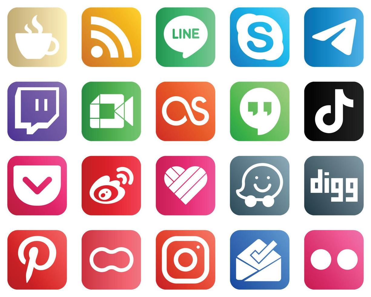20 iconos de redes sociales para tu negocio como tiktok. Last FM. Iconos de Telegram y Google Meet. personalizable y único vector