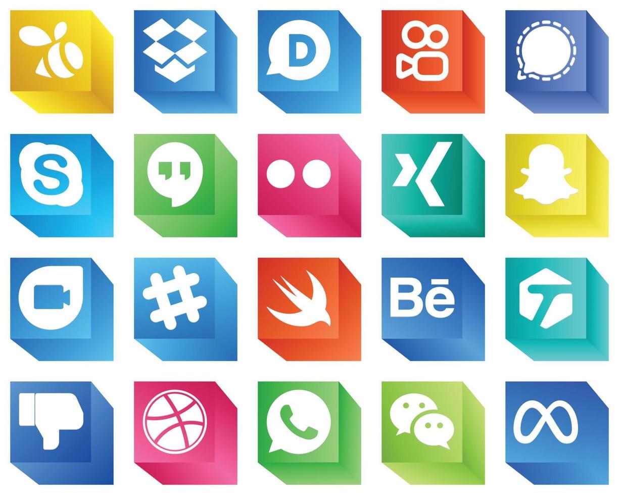 Paquete de 20 íconos de redes sociales en 3D totalmente personalizables, como Behance. spotificar chat. iconos de Google Duo y Xing. personalizable y único vector