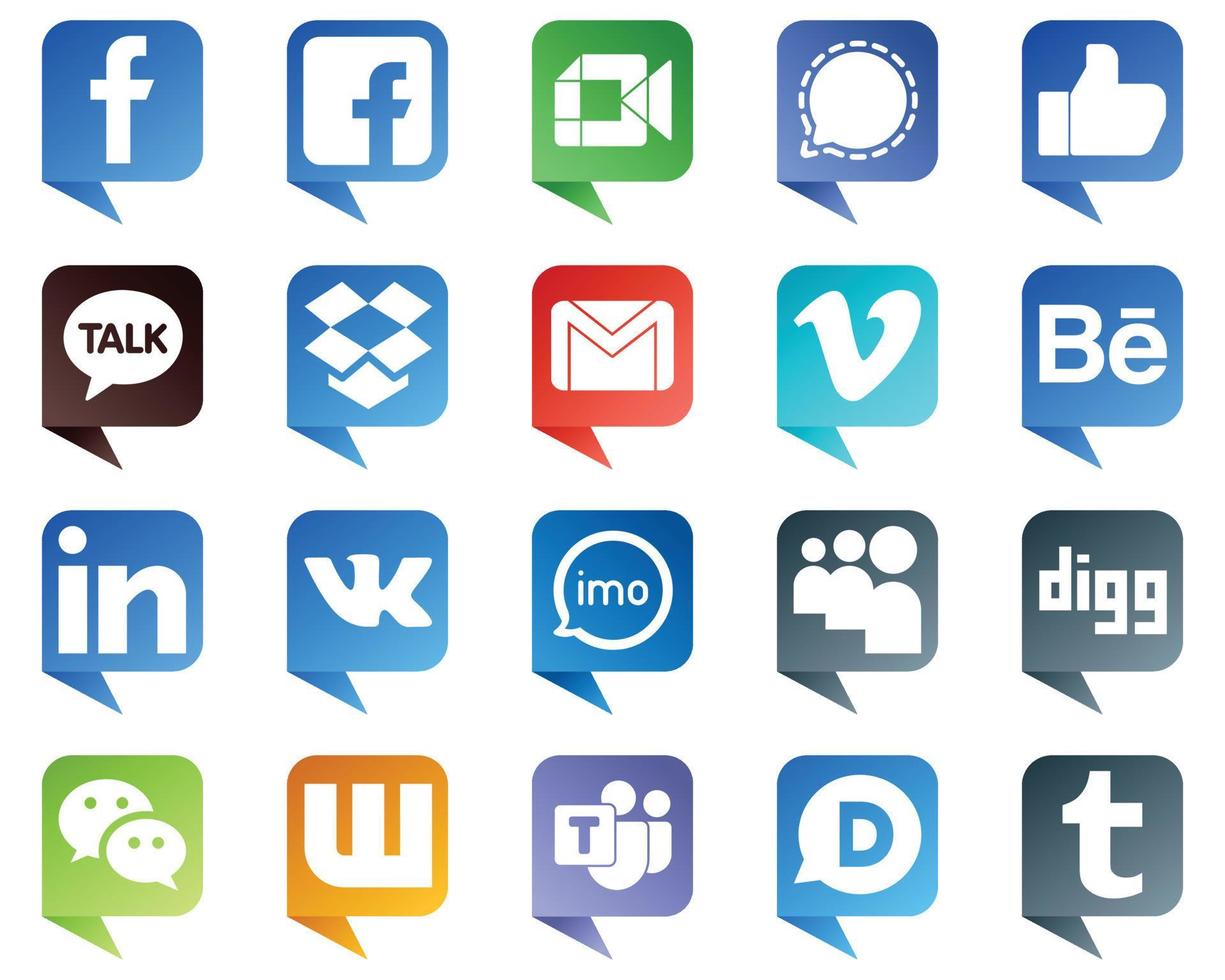 20 Minimalist Chat bubble style Social Media Icons such as video. mail. email and dropbox icons. Editable and high resolution vector