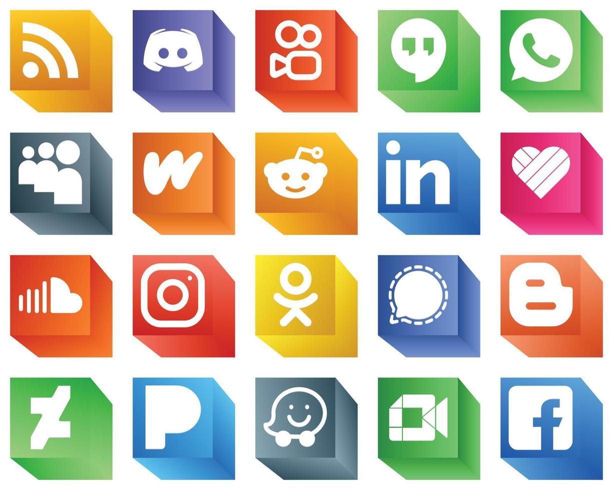 20 íconos simples de redes sociales en 3D, como sonido. me gusta whatsapp iconos profesionales y reddit. moderno y minimalista vector