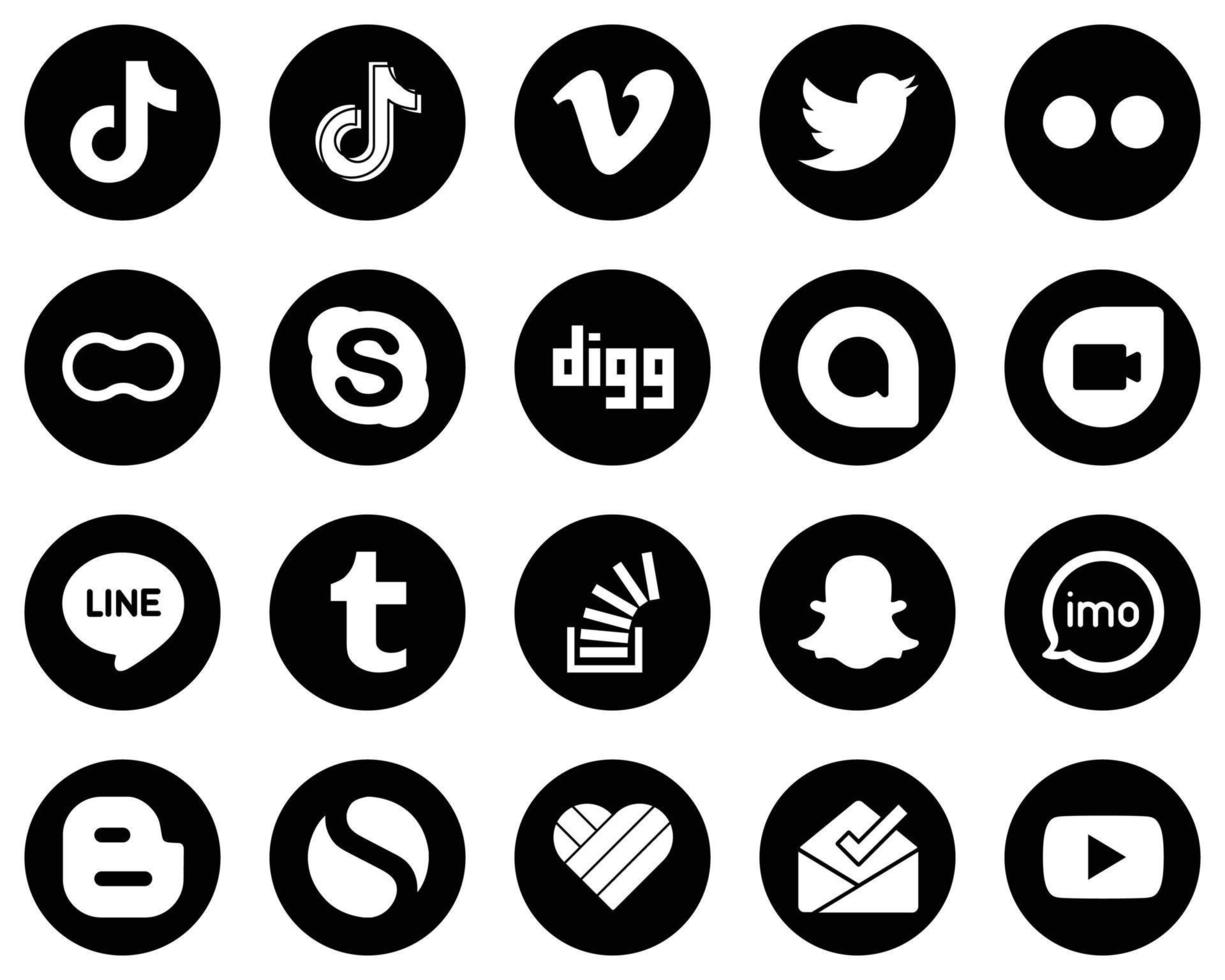 20 Attractive White Social Media Icons on Black Background such as google allo. chat. tweet. skype and mothers icons. Modern and professional vector