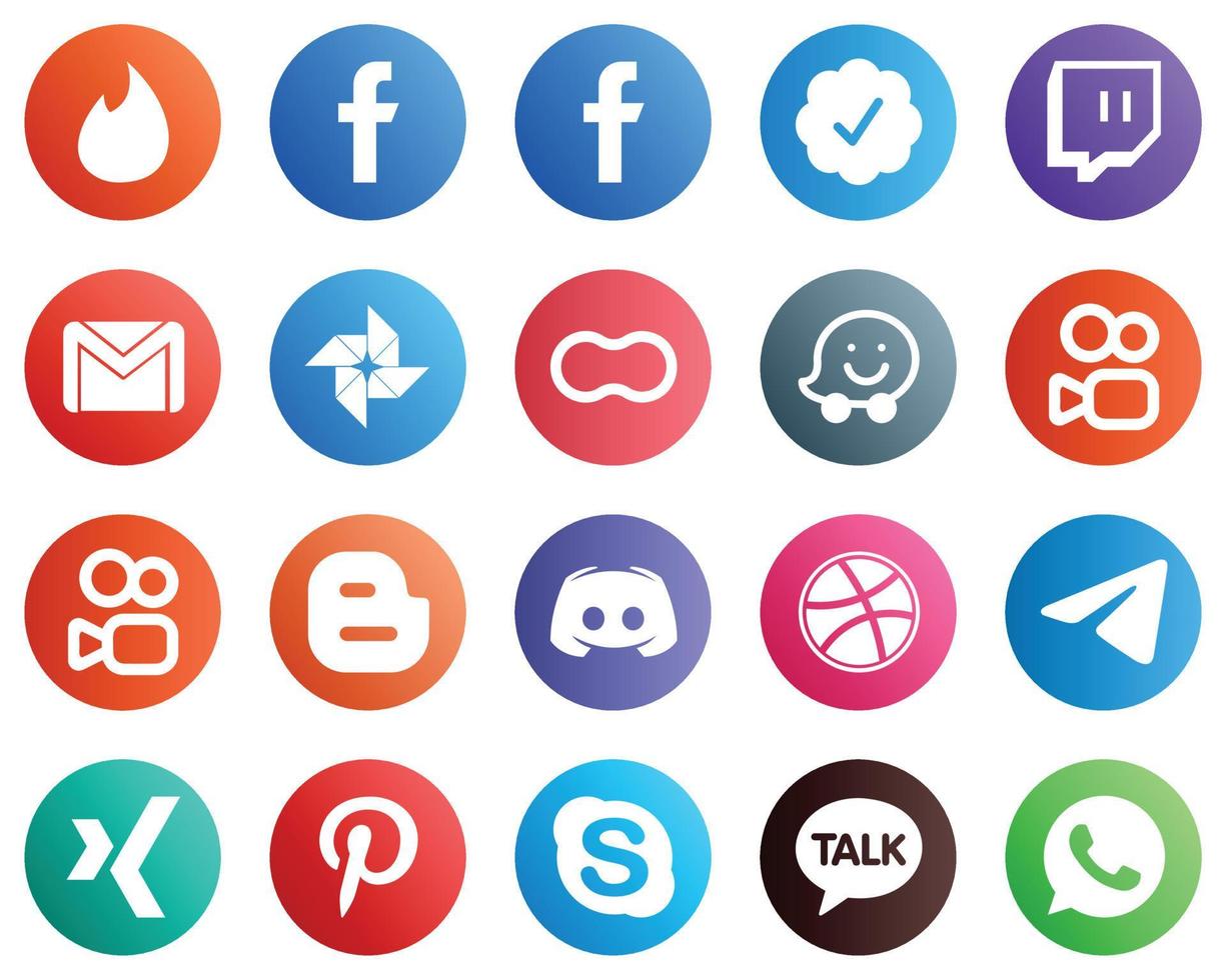 20 elegantes íconos de redes sociales como discord. blogger correo. iconos de kuaishou y mujeres. limpio y minimalista vector