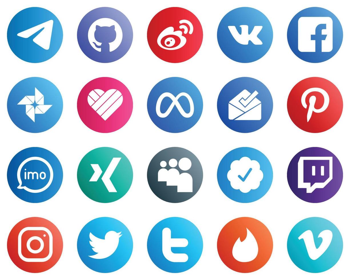 20 Modern Social Media Icons such as pinterest. facebook. vk. meta and google photo icons. Creative and eye catching vector
