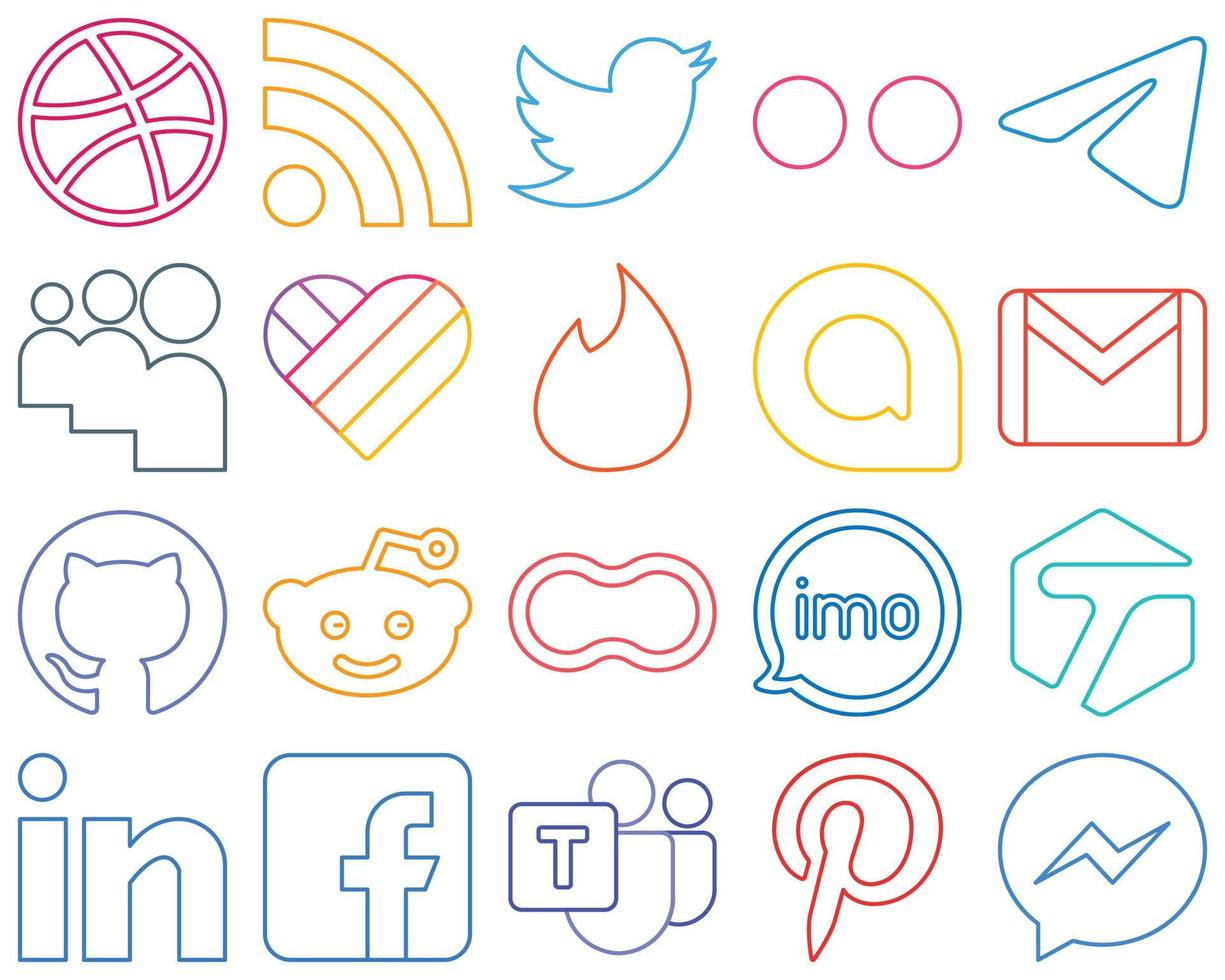 20 High-resolution and customizable Colourful Outline Social Media Icons such as github. email. messenger. gmail and tinder Professional and clean vector