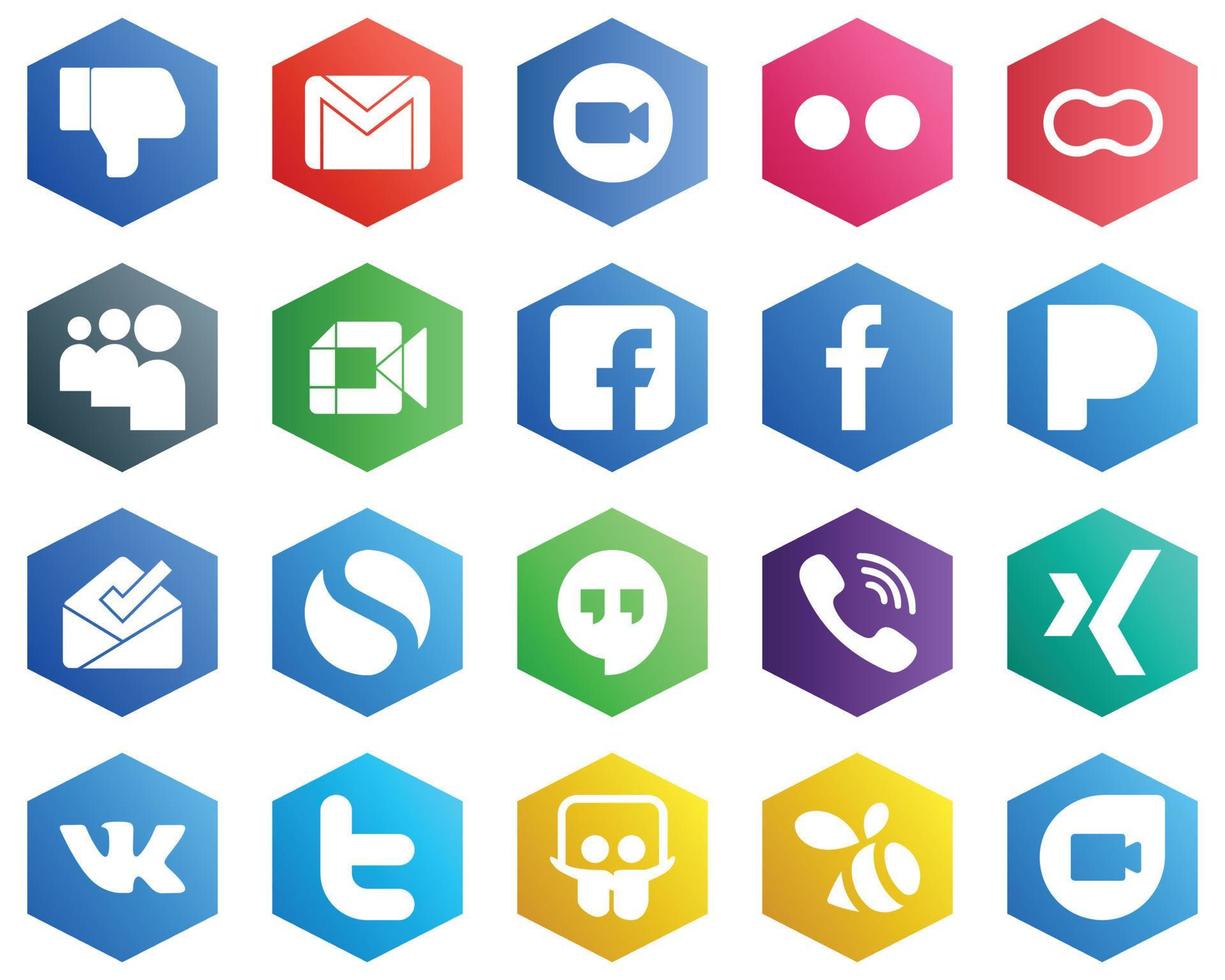 25 iconos de color plano hexagonales blancos como google meet. íconos de myspace y madres. negocios y mercadeo vector