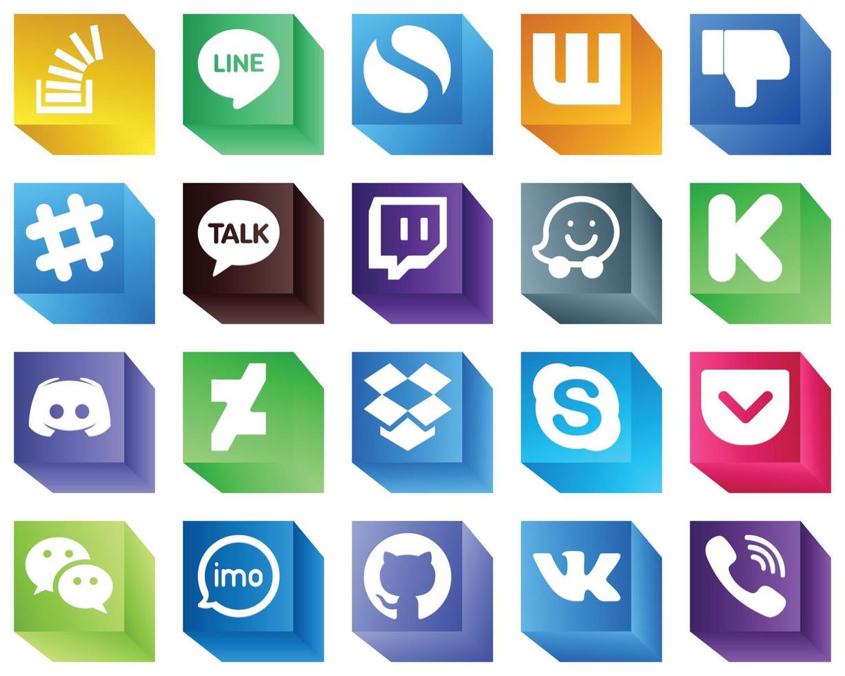 20 iconos de redes sociales en 3D de alta resolución, como texto. discordia. Facebook. iconos de financiación y waze. creativo y profesional vector