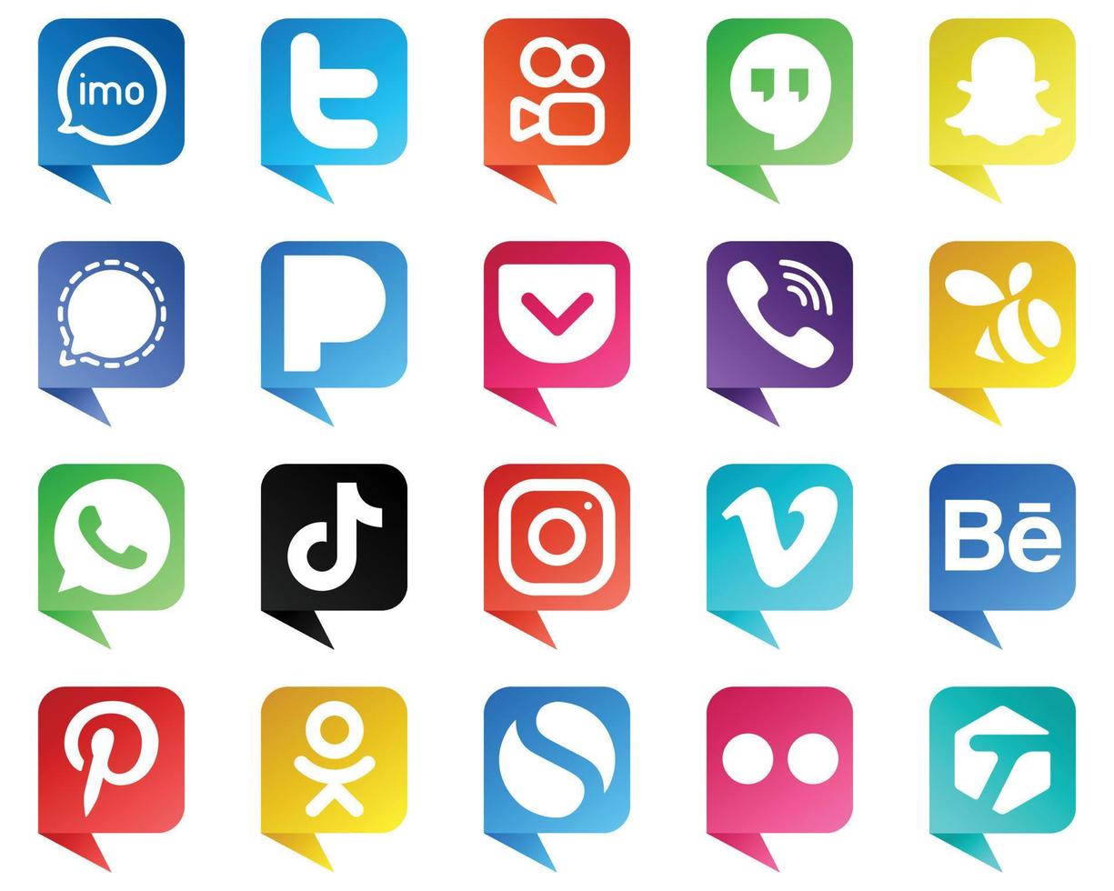 Chat bubble style Icons of Top Social Media 20 pack such as swarm. rakuten. snapchat. viber and pandora icons. Versatile and professional vector