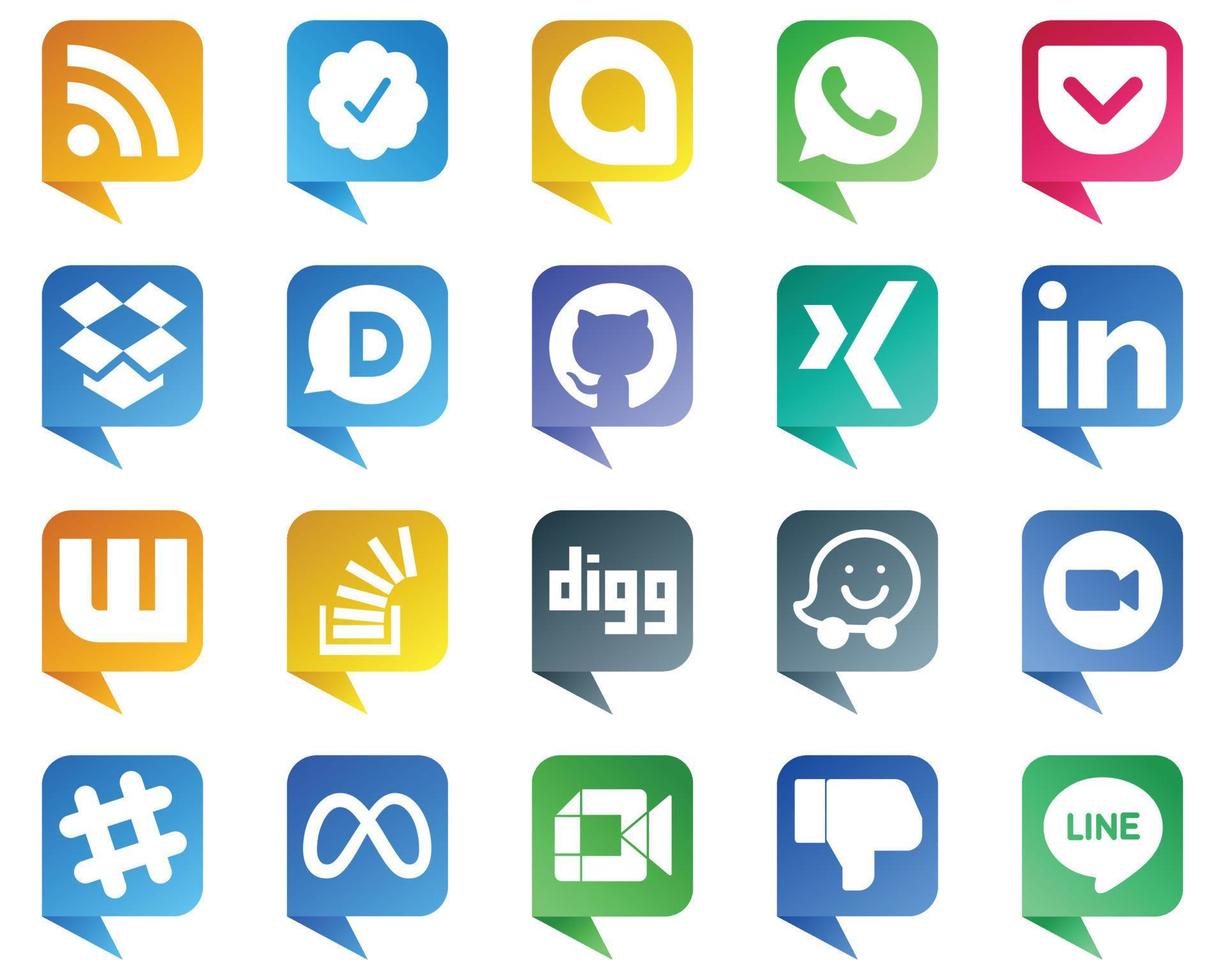 20 Chat bubble style Social Media Icons for Popular Brands such as digg. stock. github. question and wattpad icons. Eye catching and editable vector