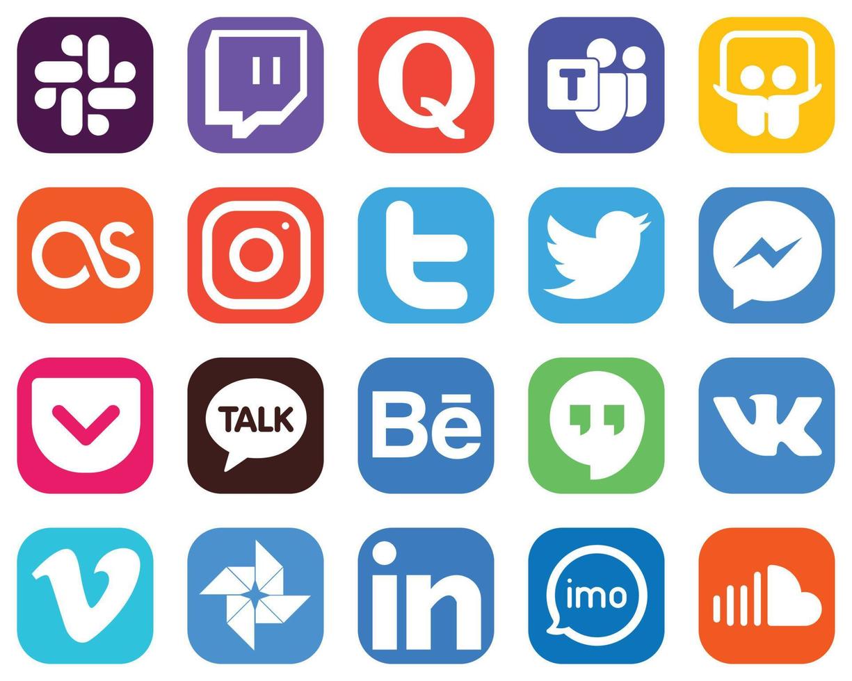 20 íconos esenciales de las redes sociales como kakao talk. pensión completa. instagram. iconos de facebook y tweet. iconos de redes sociales degradados vector