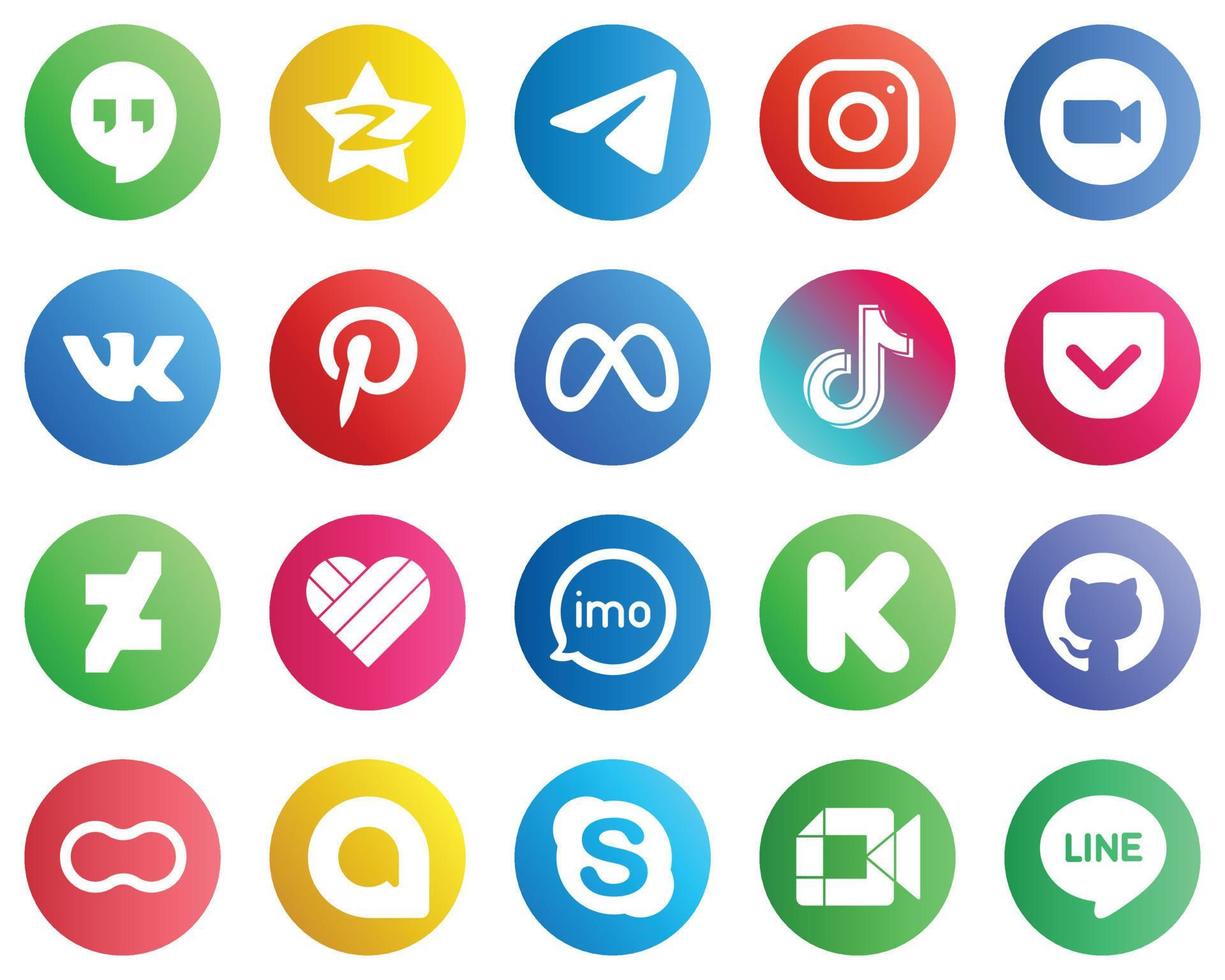 20 Stylish Social Media Icons such as facebook. pinterest. meta. vk and meeting icons. Clean and professional vector