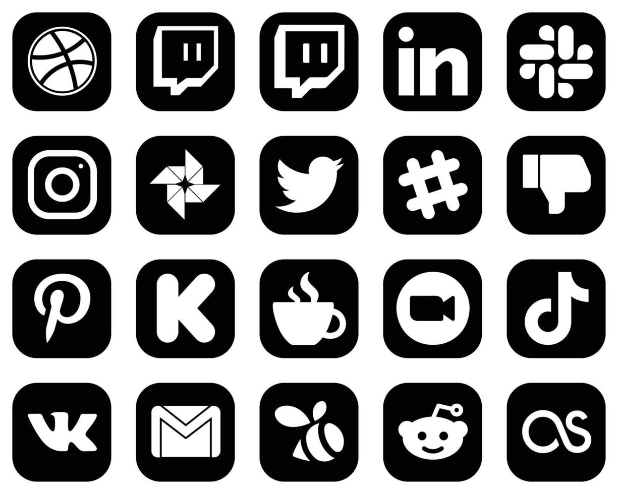 20 Attractive White Social Media Icons on Black Background such as caffeine. kickstarter. google photo. pinterest and dislike icons. Modern and professional vector