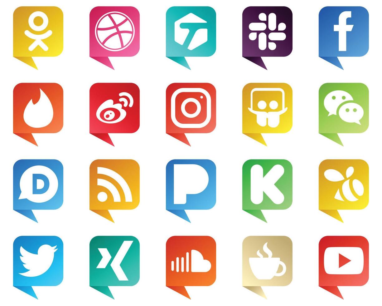 el icono de las redes sociales estilo burbuja de chat establece 20 iconos como messenger. compartir diapositivas. iconos de weibo e instagram. elegante y minimalista vector