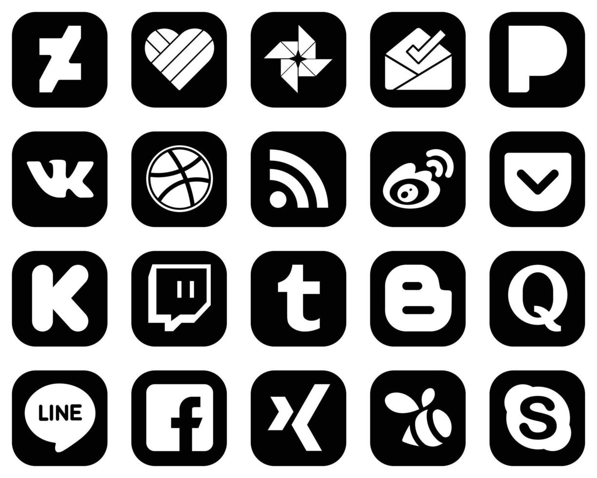 20 íconos de redes sociales blancos de alta calidad sobre fondo negro, como tumblr. fondos. iconos de alimentación y kickstarter. completamente editable y único vector