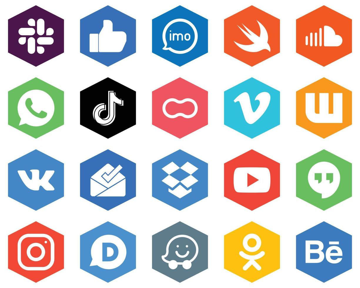 20 iconos blancos minimalistas de maní. China. nube de sonido fondos de color plano hexagonal de video y tiktok vector