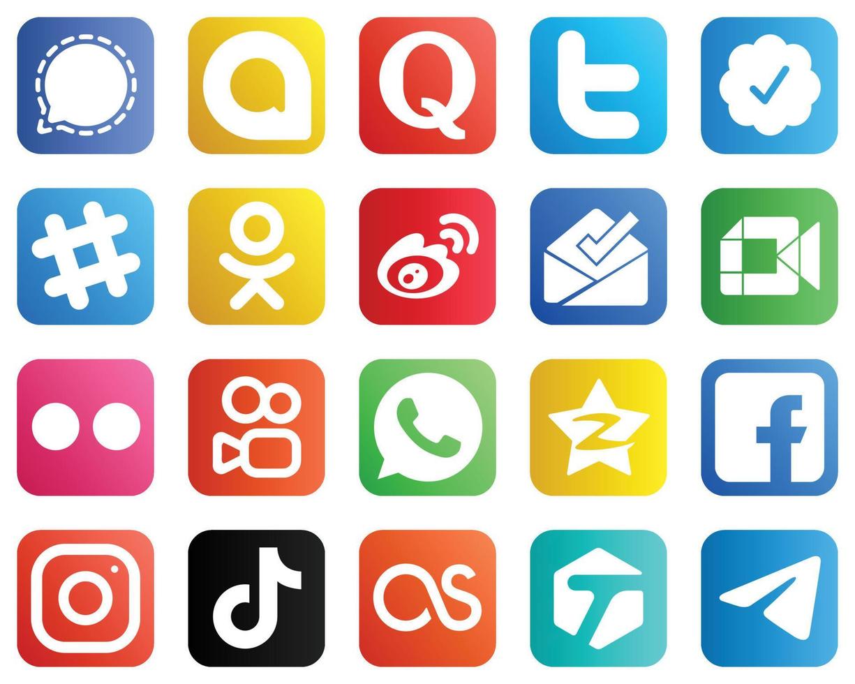 todo en un icono de redes sociales establece 20 iconos como video. bandeja de entrada. Insignia verificada de Twitter e íconos de Sina. alta calidad y moderno vector