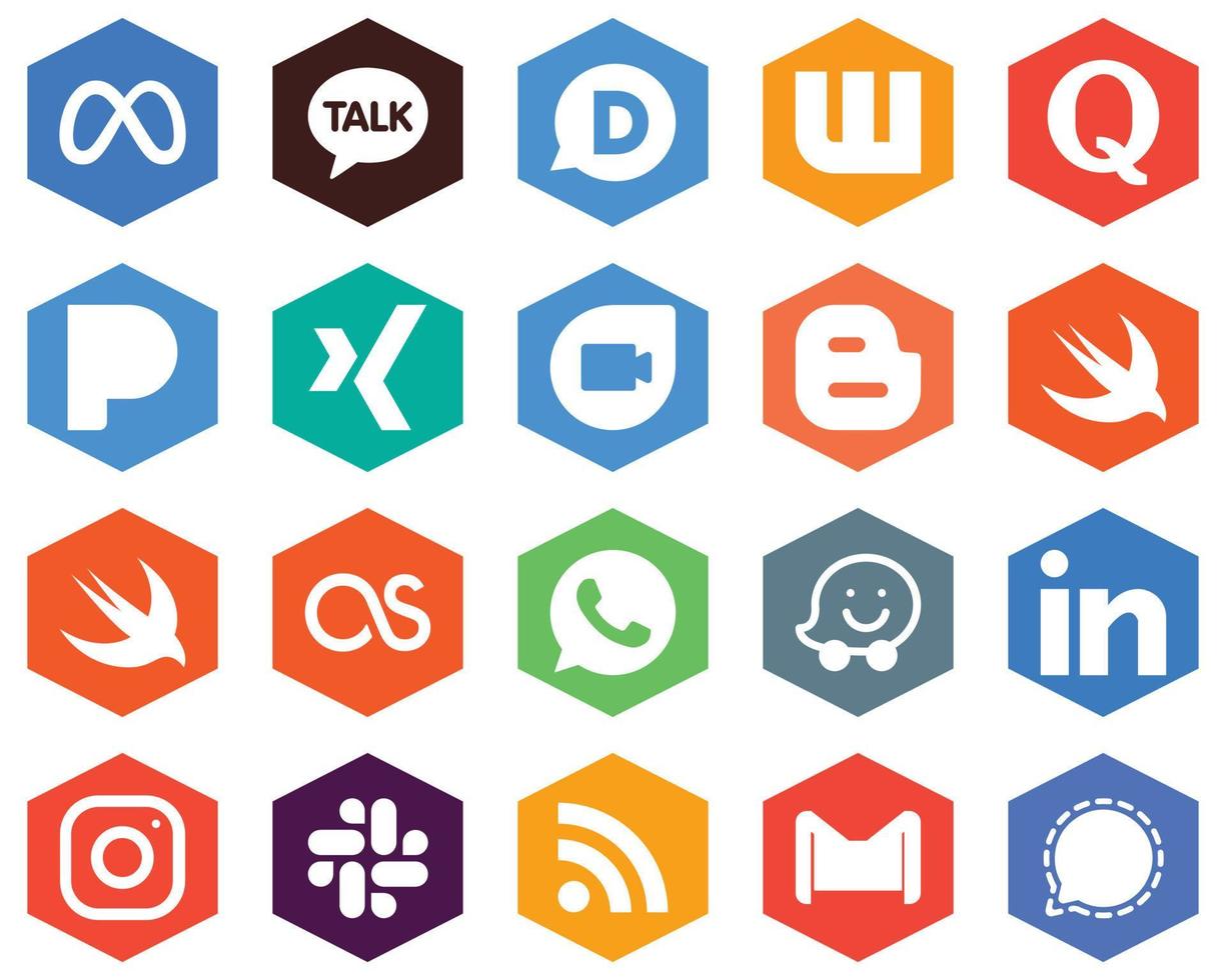 20 Stylish White Icons professional. waze. xing. whatsapp and swift Hexagon Flat Color Backgrounds vector