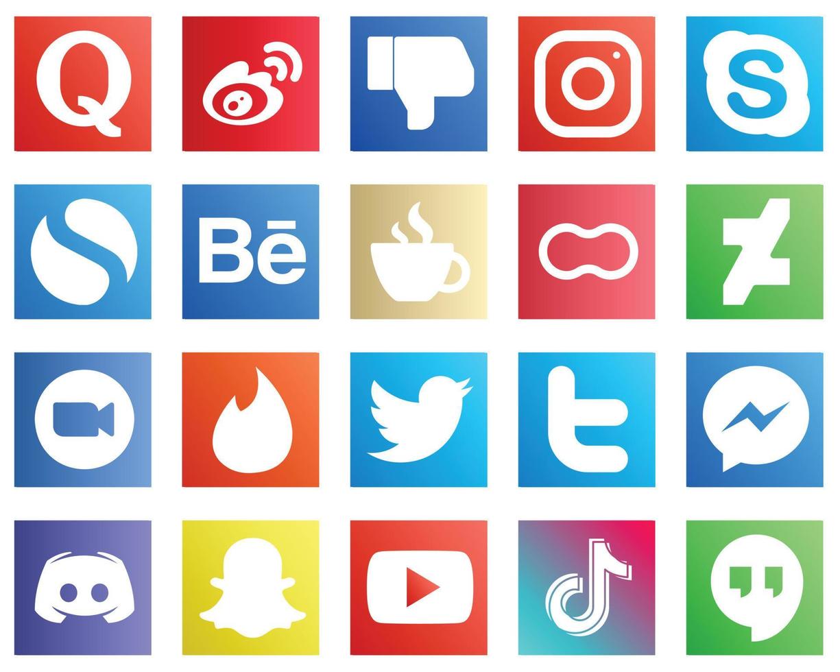 20 Essential Social Media Icons such as caffeine. instagram. behance and chat icons. Fully editable and professional vector