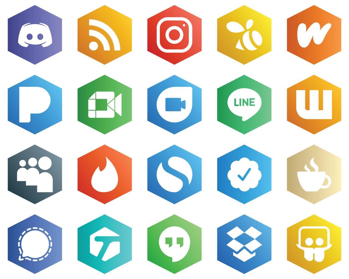 25 Stylish White Icons such as line. video and pandora icons. Hexagon Flat Color Backgrounds vector