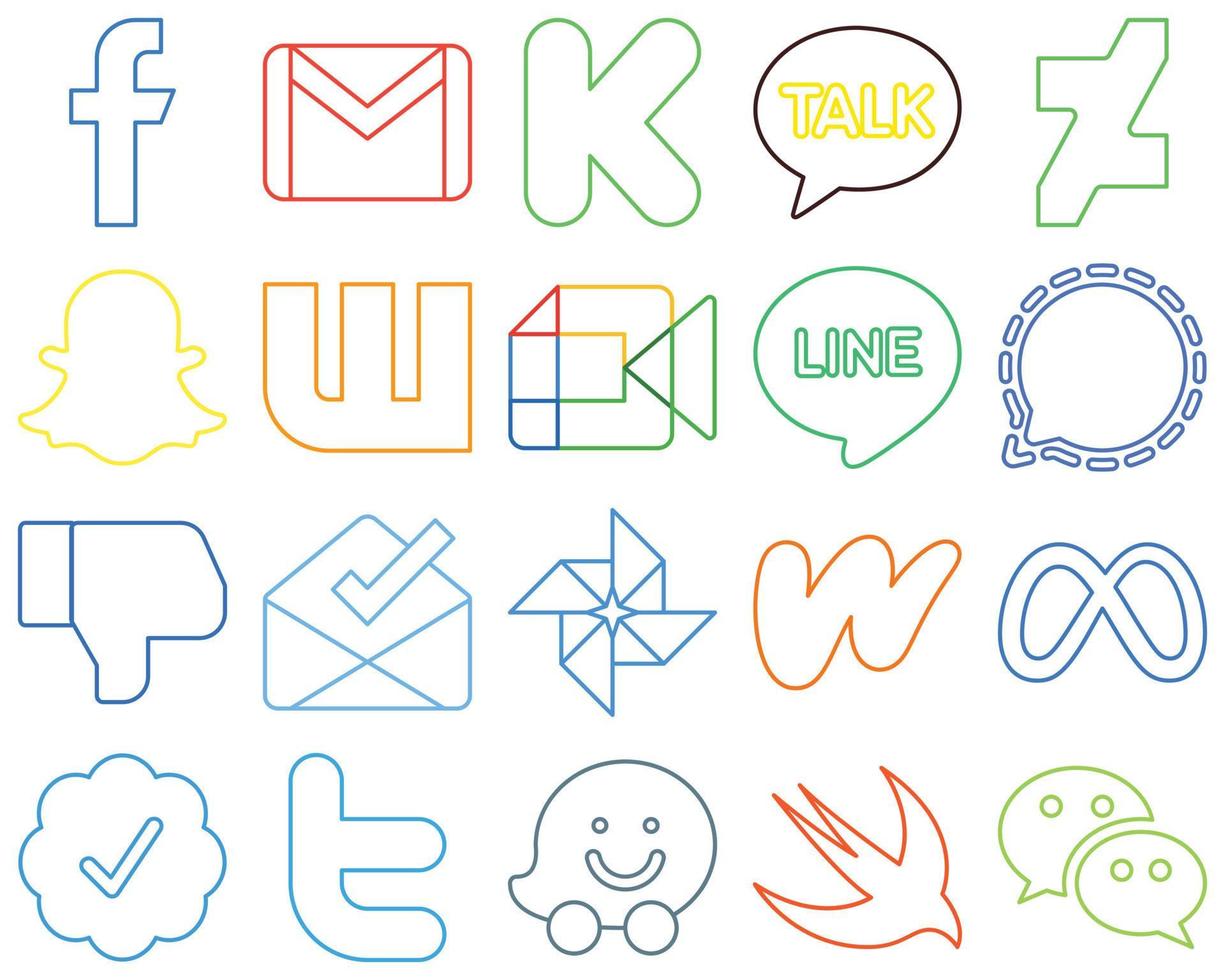 20 Professional Colourful Outline Social Media Icons such as mesenger. line. kakao talk and google meet High-quality and modern vector