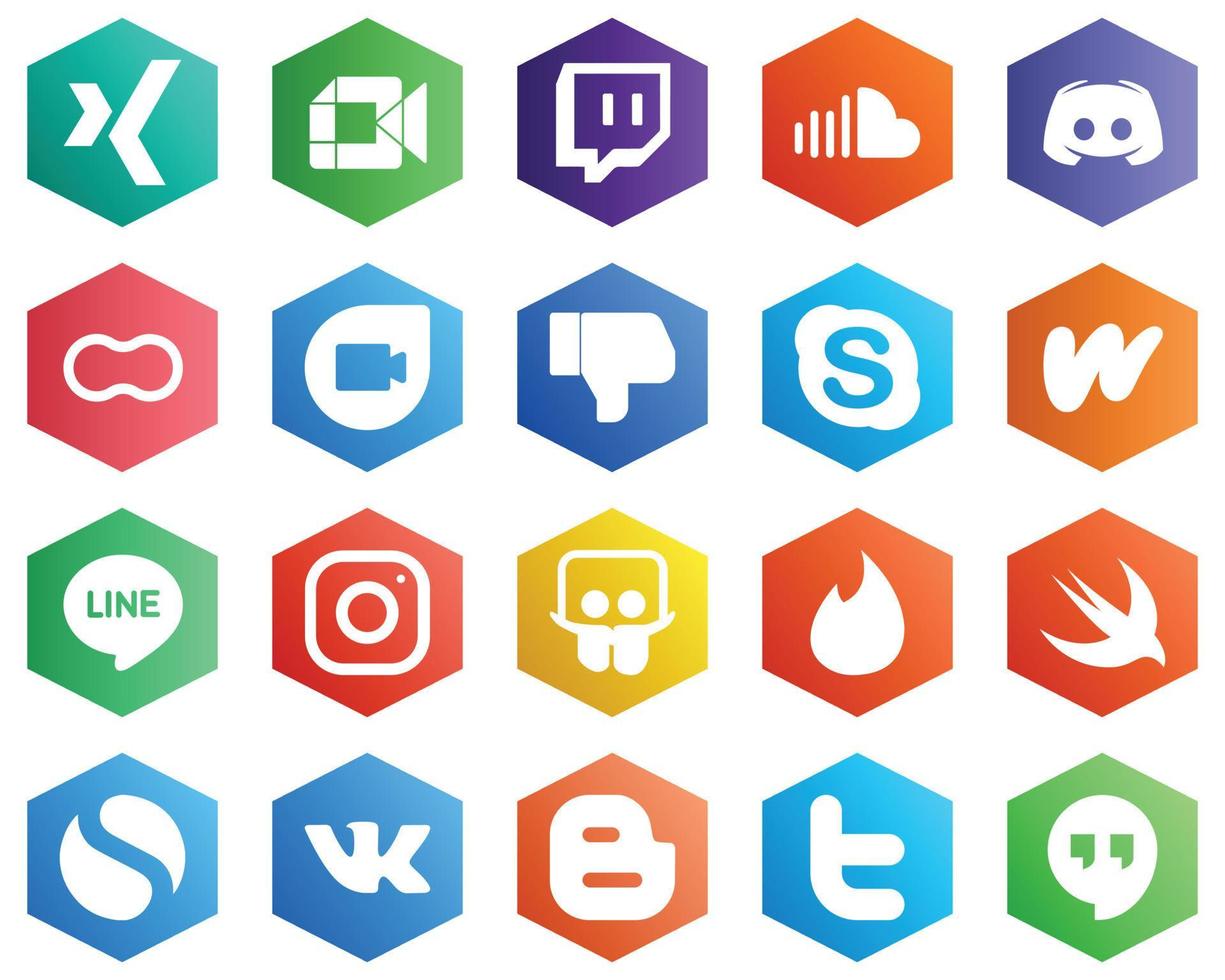 25 White Hexagon Flat Color Icons such as facebook. google duo. discord. women and peanut icons. Business and Marketing vector